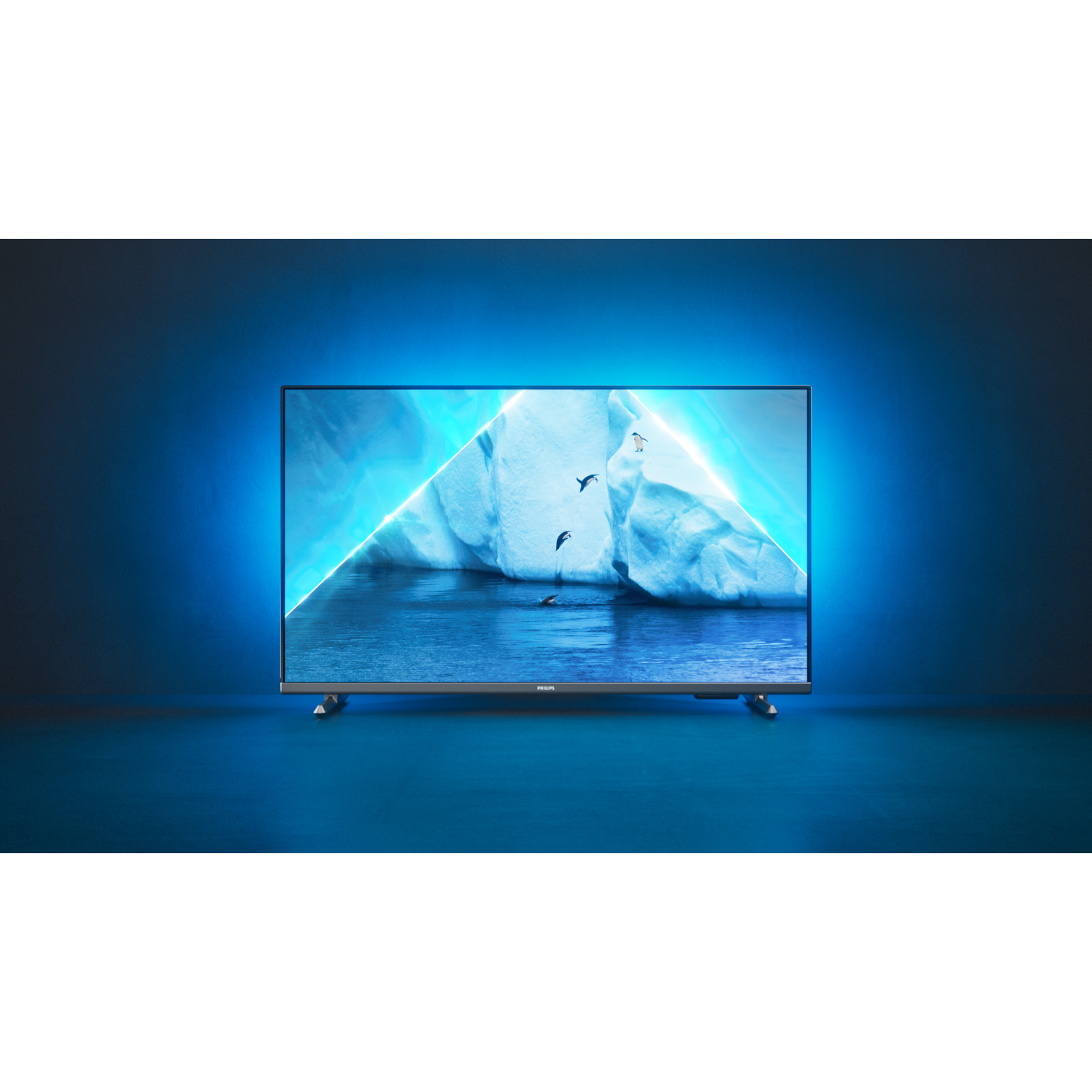 Tv-scherm met ijsbergscène. Blauw omgevingslicht. Zwarte achtergrond.