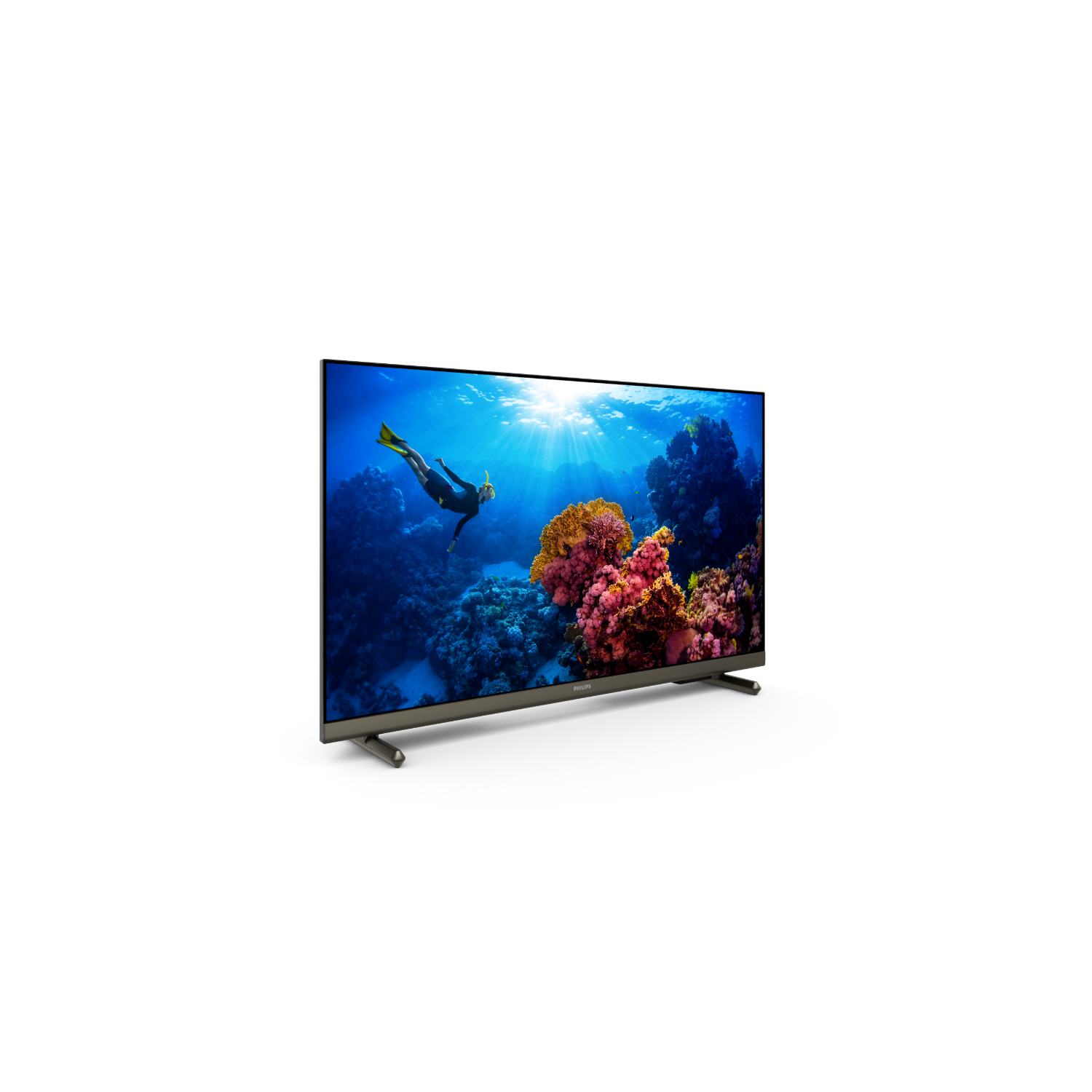 Een tv die een onderwaterscène toont met een duiker, koraal en zonlicht. Zwarte achtergrond.