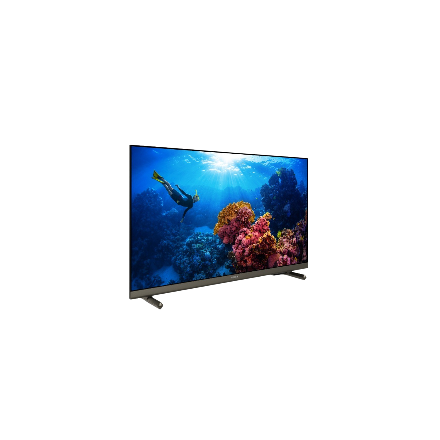 Een tv toont een onderwaterlandschap met een duiker, koraal en zonnestralen. De tv is zwart met zilveren poten en een witte achtergrond.