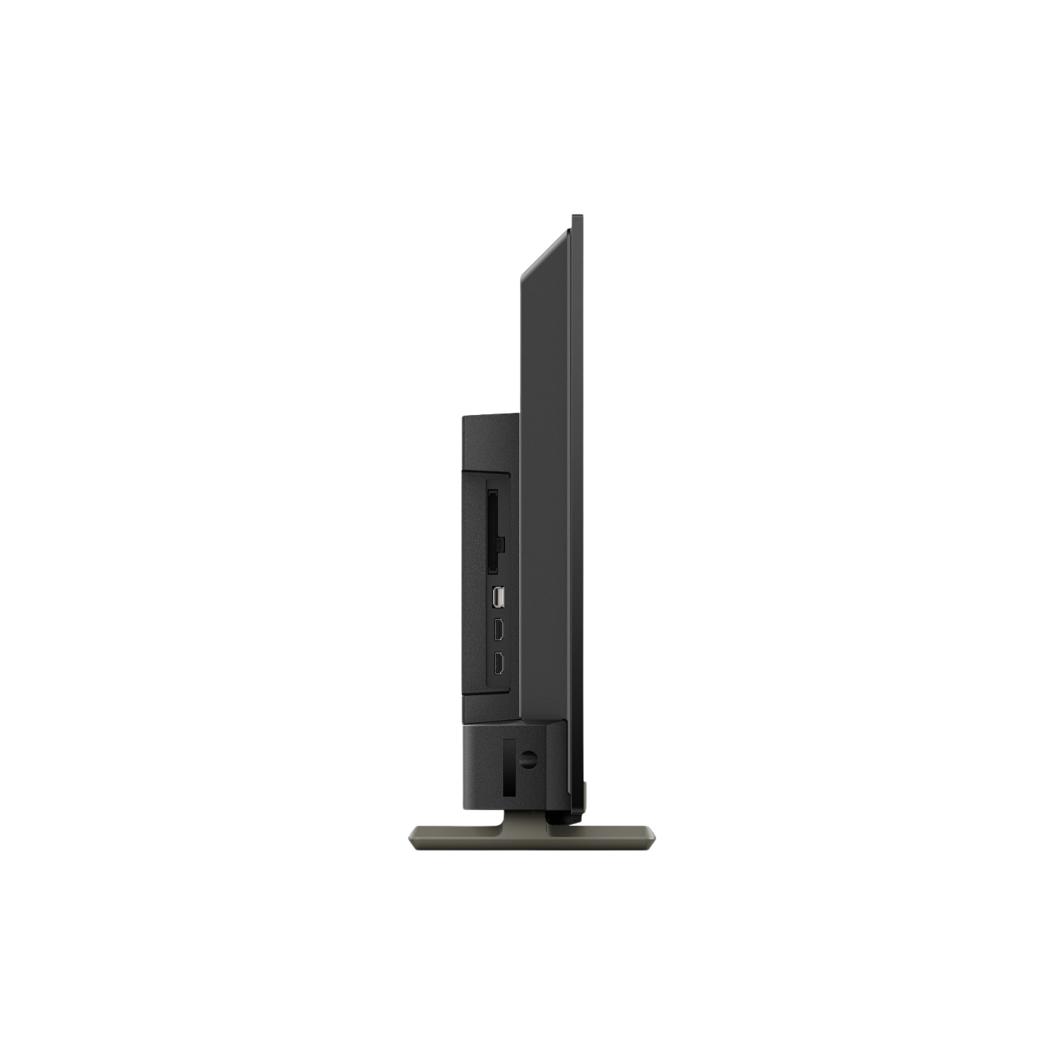 Zijaanzicht van een donkergrijze flatscreen-tv op een lichtgrijze standaard. Verschillende poorten zijn zichtbaar aan de zijkant.