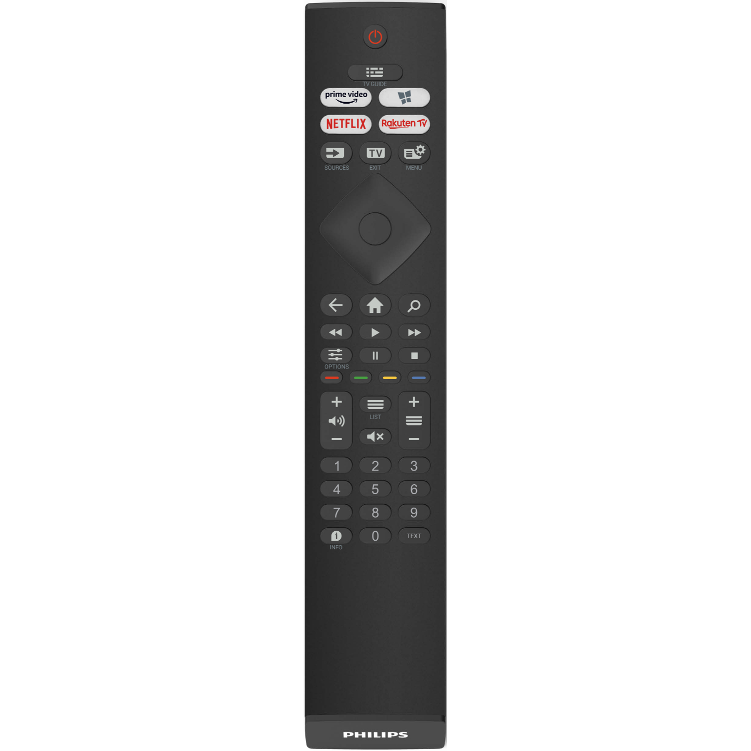 Een zwarte Philips afstandsbediening. Het heeft knoppen voor stroom, Netflix, Prime Video en nummers. De merknaam staat onderaan.