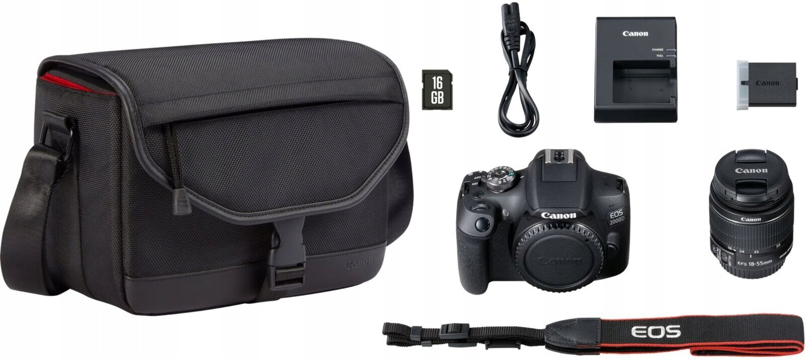 Zestaw aparatu z torbą, aparatem, obiektywem, paskiem, ładowarką, baterią i kartą pamięci.