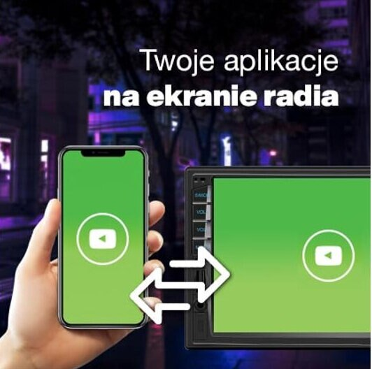 Smartfon z aplikacją YouTube, łączący się z ekranem radia samochodowego z aplikacją YouTube.