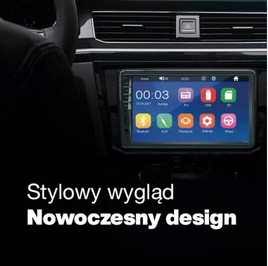 Radio samochodowe z ekranem dotykowym wyświetlającym ikony i tekst.