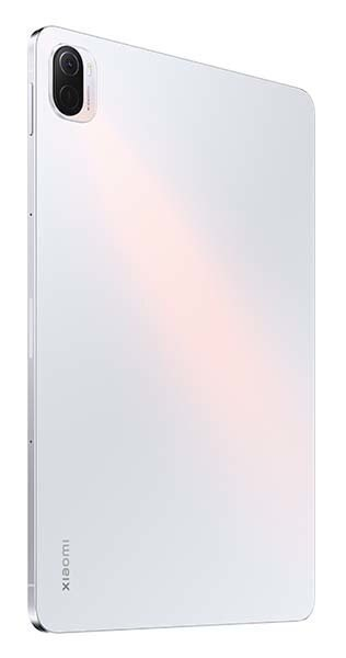 Biały tablet, widok z tyłu, z aparatem i logo Xiaomi.