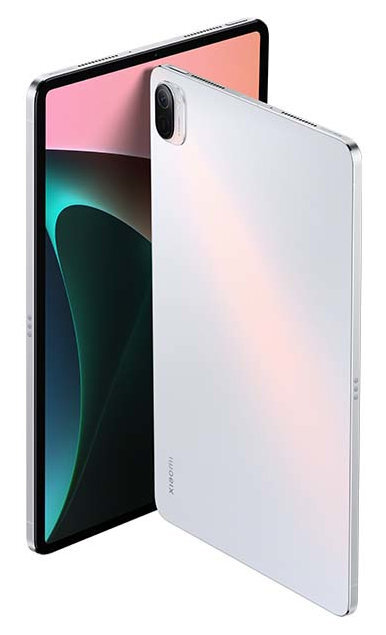 Biały i srebrny tablet. Tablet stoi pionowo i jest pochylony na bok.