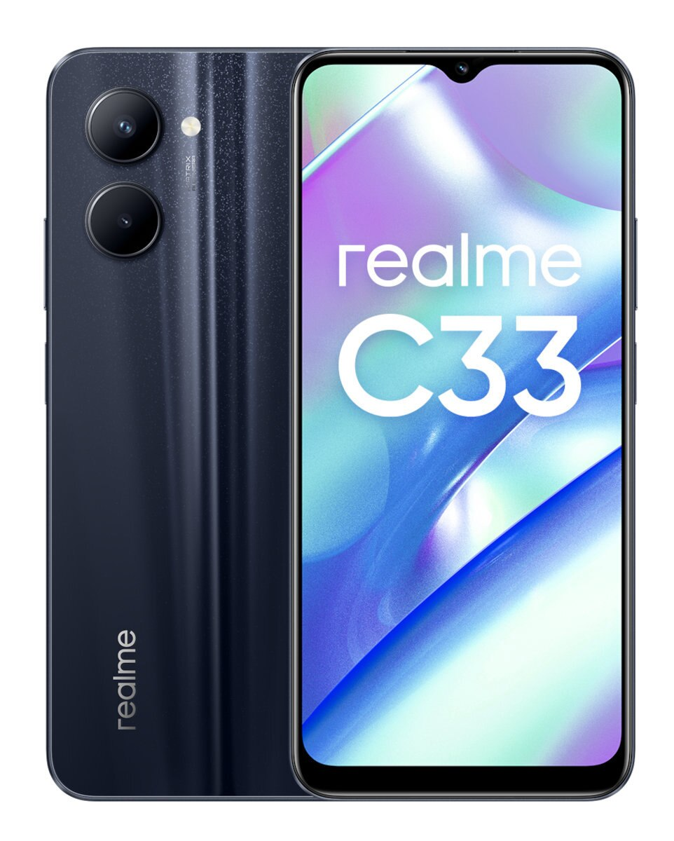 Niebieski telefon Realme C33, widok z tyłu pokazujący podwójne aparaty i widok z przodu z ekranem.