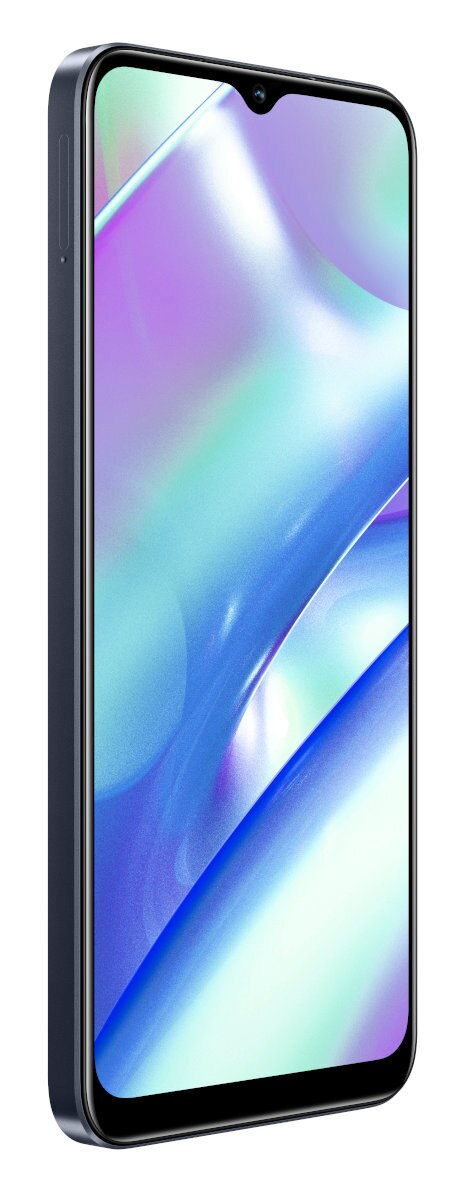 Niebieski smartfon, widok z boku, z ekranem wyświetlającym kolorowe abstrakcyjne kształty.