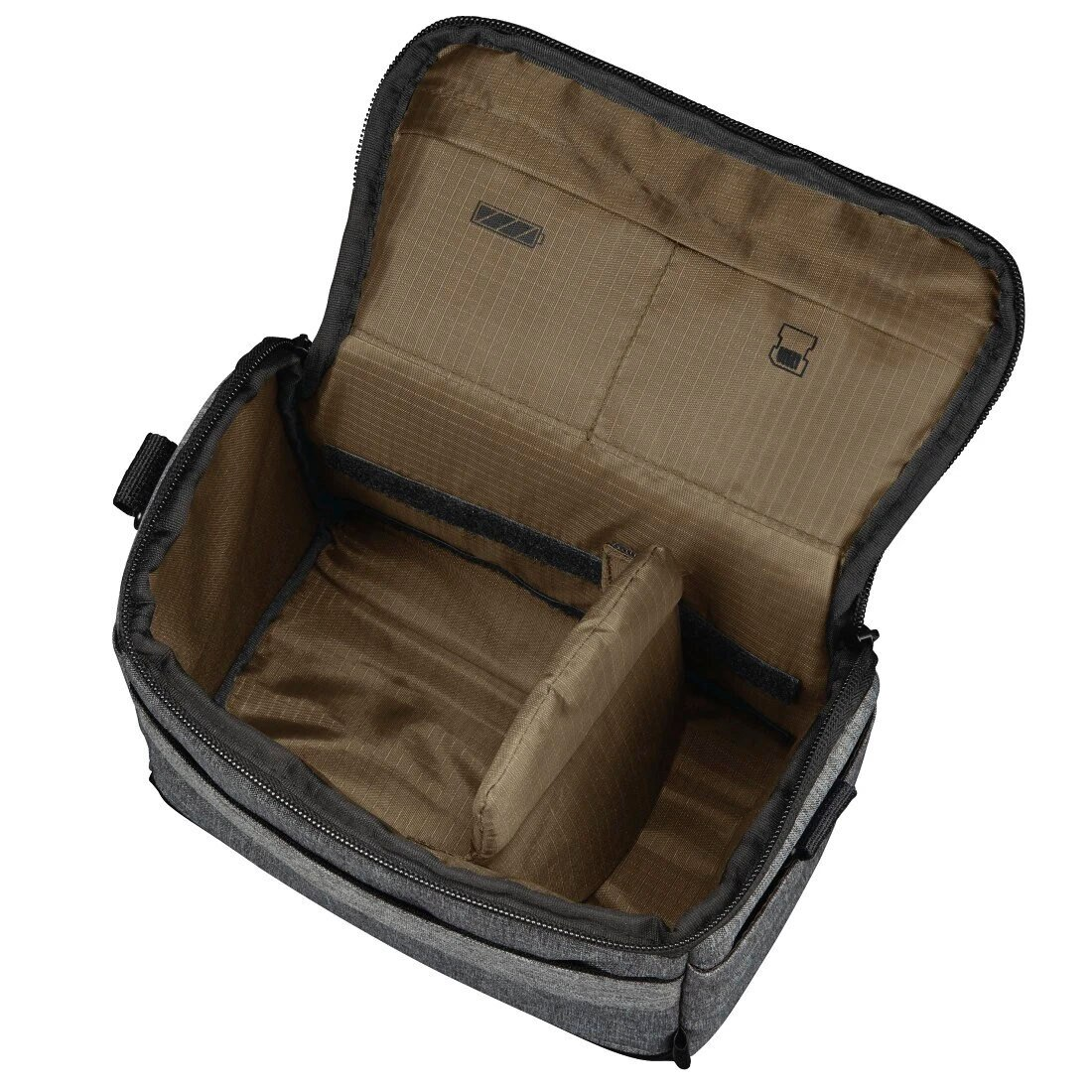 Otwarta szara torba z brązowym wnętrzem i małą przegrodą.