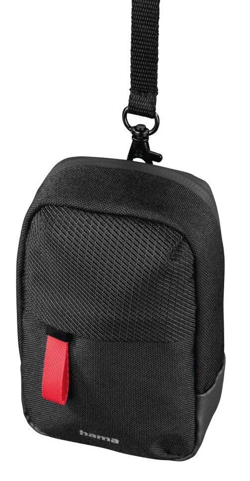 Czarna torba na aparat z czerwoną zakładką i paskiem.