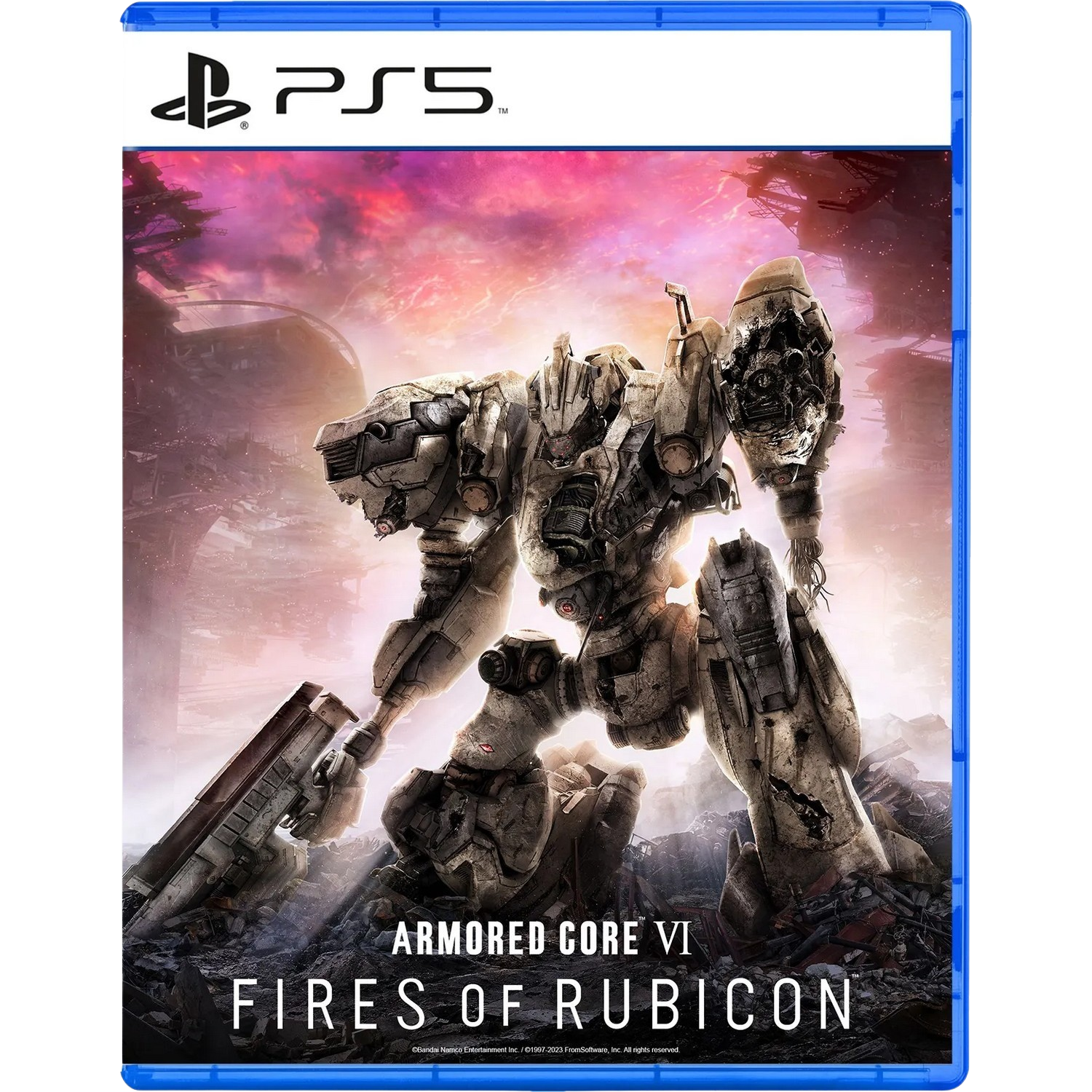 PS5-gamecover voor 'Armored Core VI: Fires of Rubicon', met een mech.