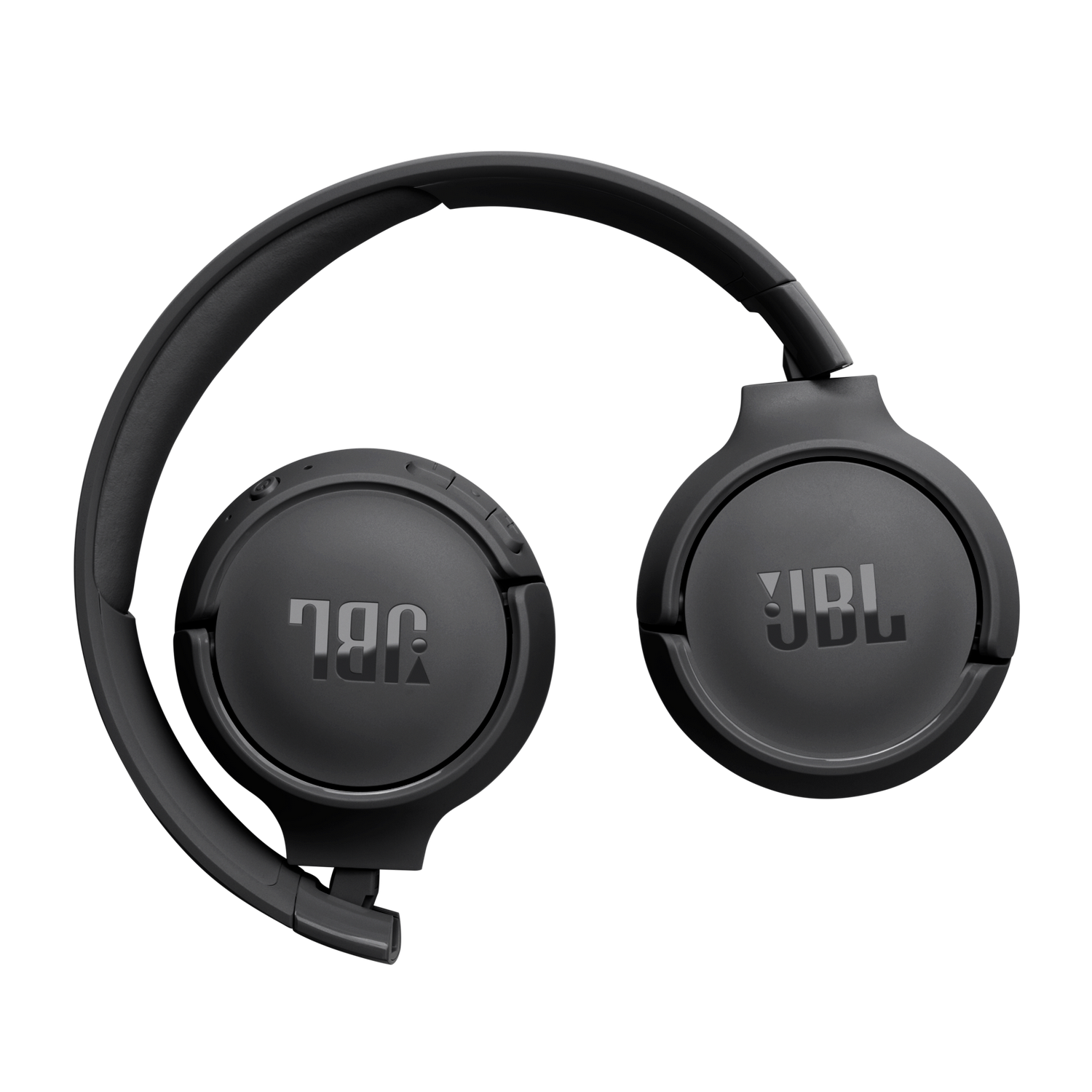 Black, folded JBL headphones on a black background. The JBL logo is on each ear cup.