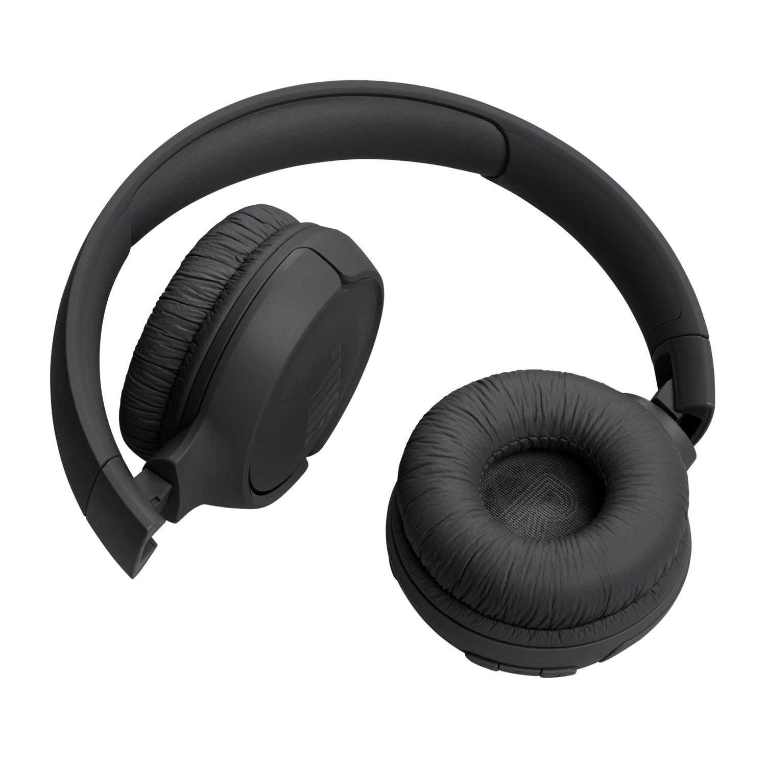 Black JBL headphones, folded. The earcups are round with a mesh interior. The headband is also black.