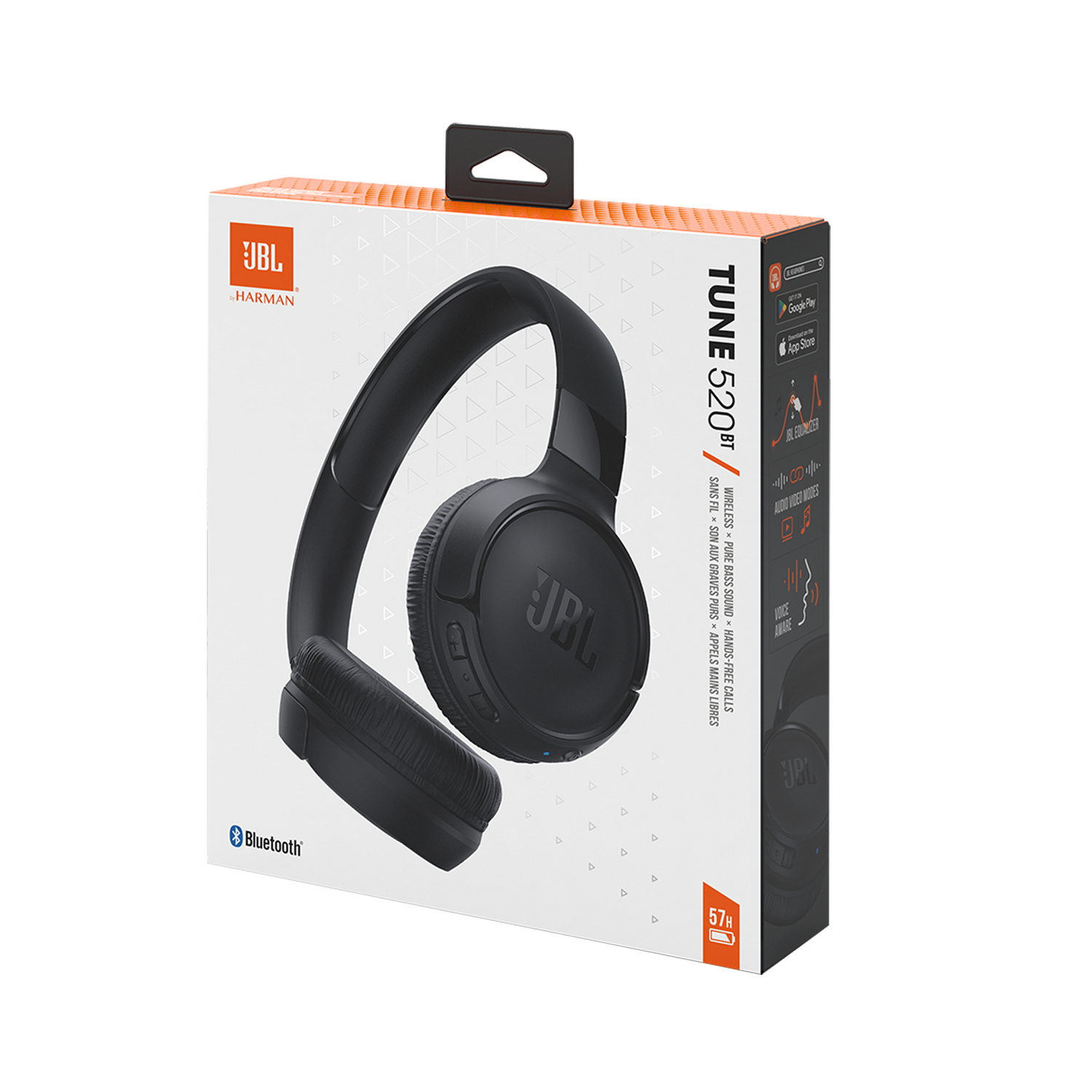 A black JBL Tune 520BT headphones box. The box has text, and illustrations. Black headphones are visible.