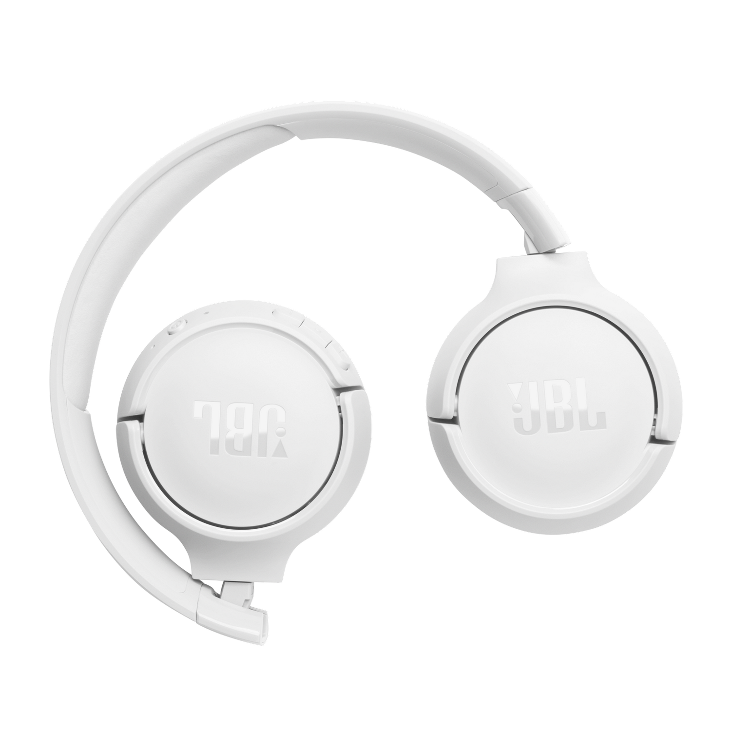 Witte JBL-koptelefoon, opgevouwen. Oorschelpen naar boven, met JBL-logo zichtbaar.