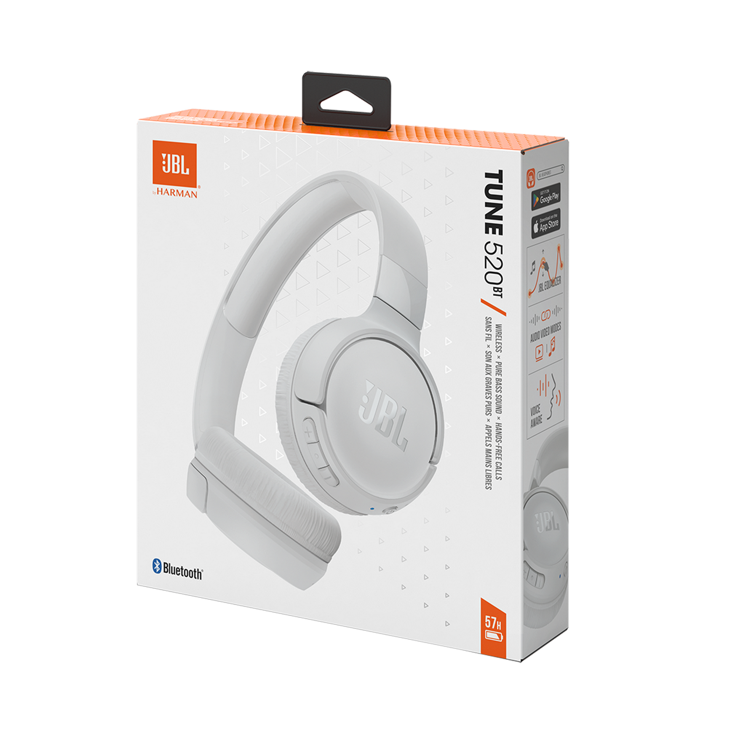 Witte JBL Tune 520BT koptelefoon in de doos, met de koptelefoon zichtbaar.