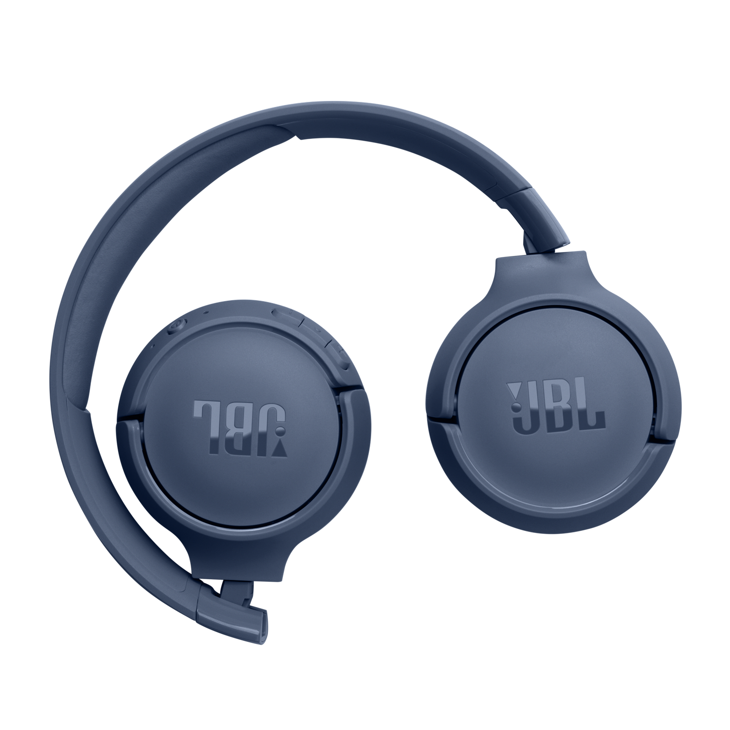Blue JBL headphones on a gray background, folded. The JBL logo is visible on both earcups.