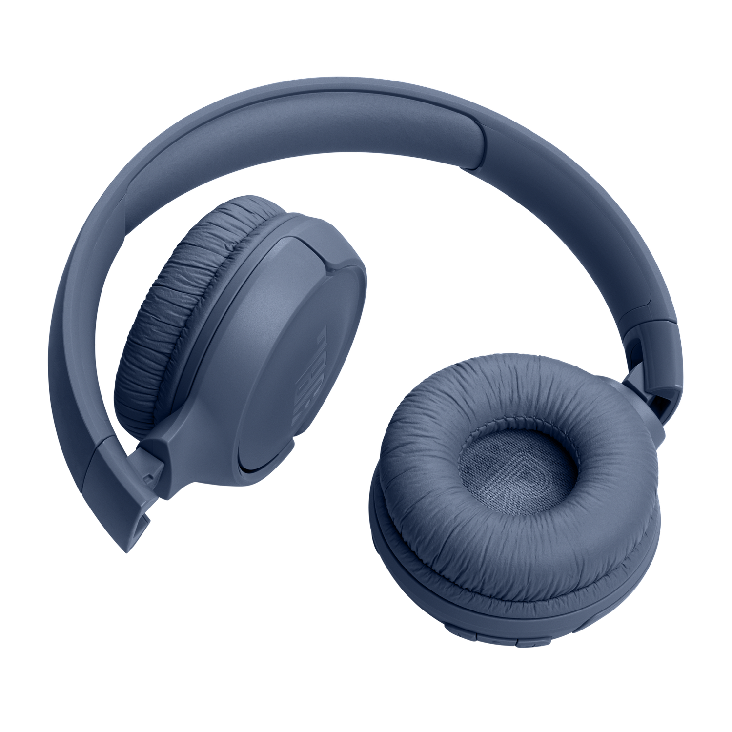 Blue headphones, angled, on a black background.