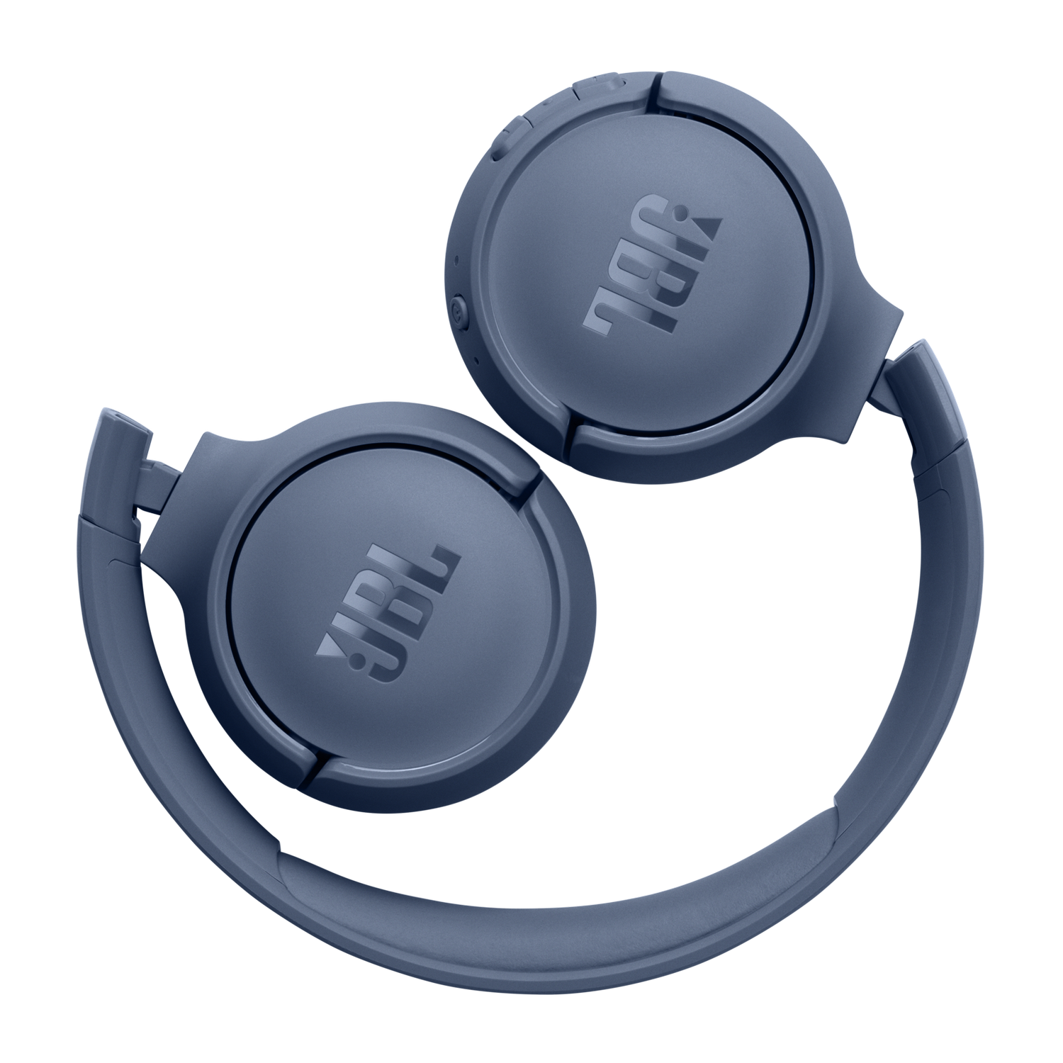Blue JBL headphones, folded, on a black background, overhead view.