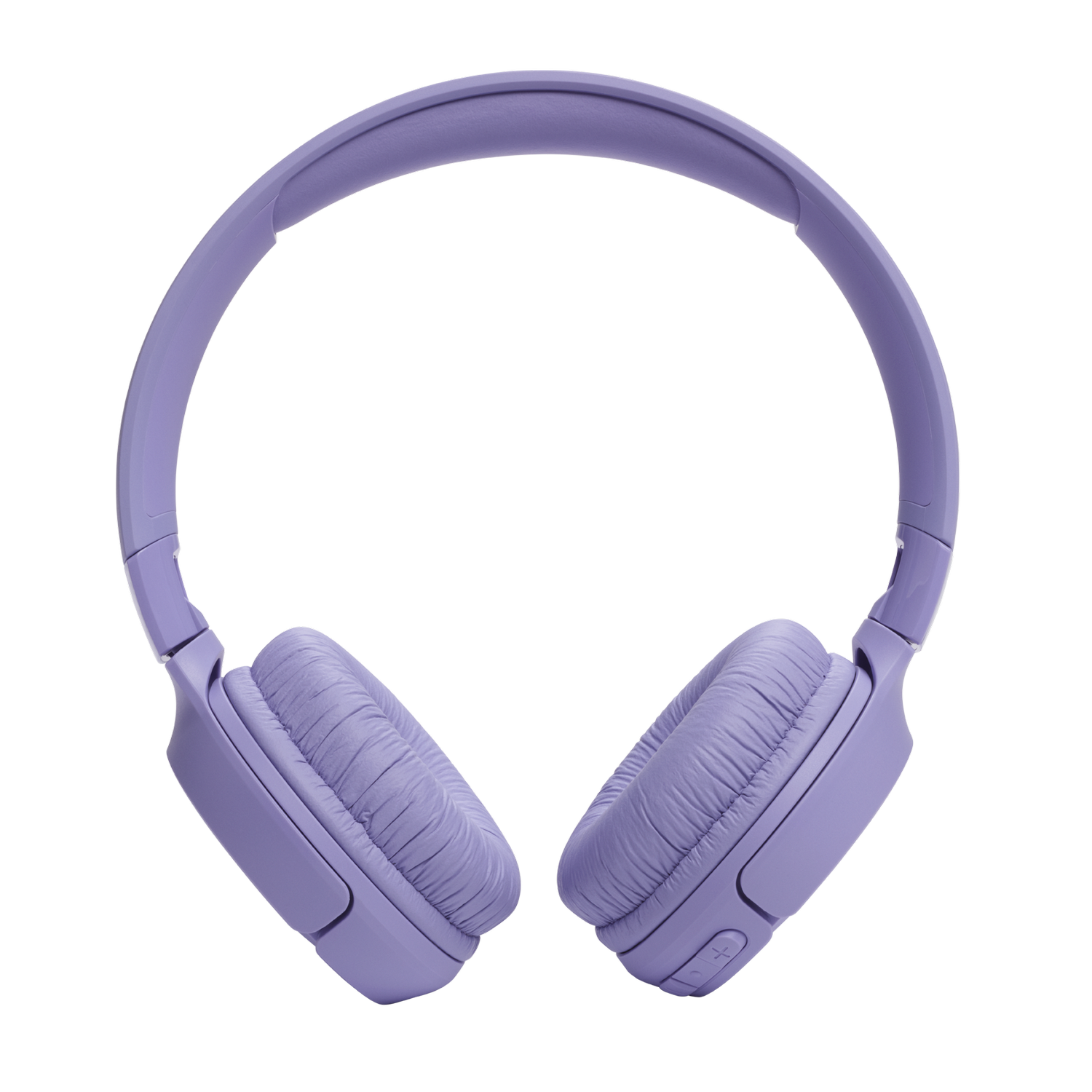 Lavender headphones on a gray background. Earcups are padded. Headband arches overhead. Volume control buttons visible on the right earcup.