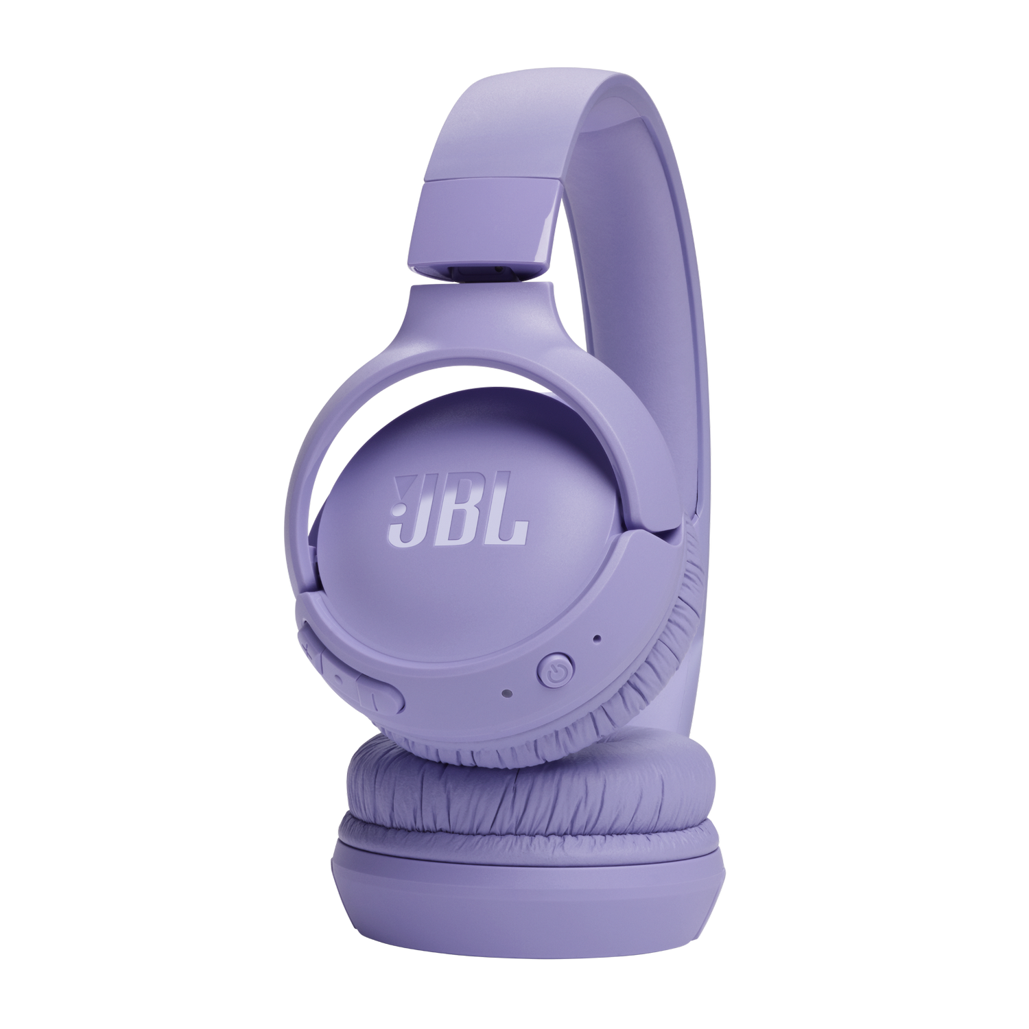 A purple JBL headphone is displayed against a gray background. The headphone is over-ear style, showing logo and control buttons.