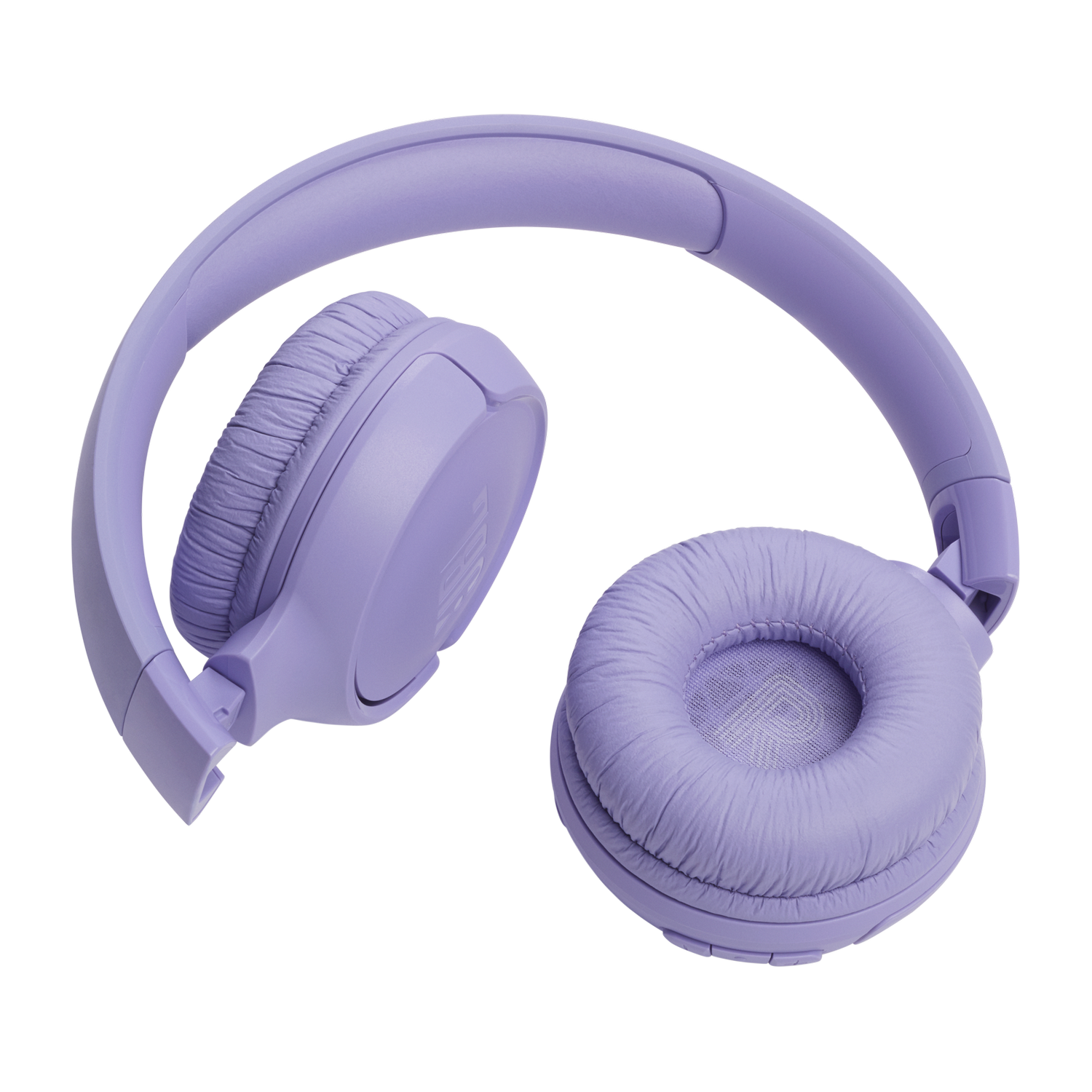 Folded lavender headphones with ear cups and headband. Black background.