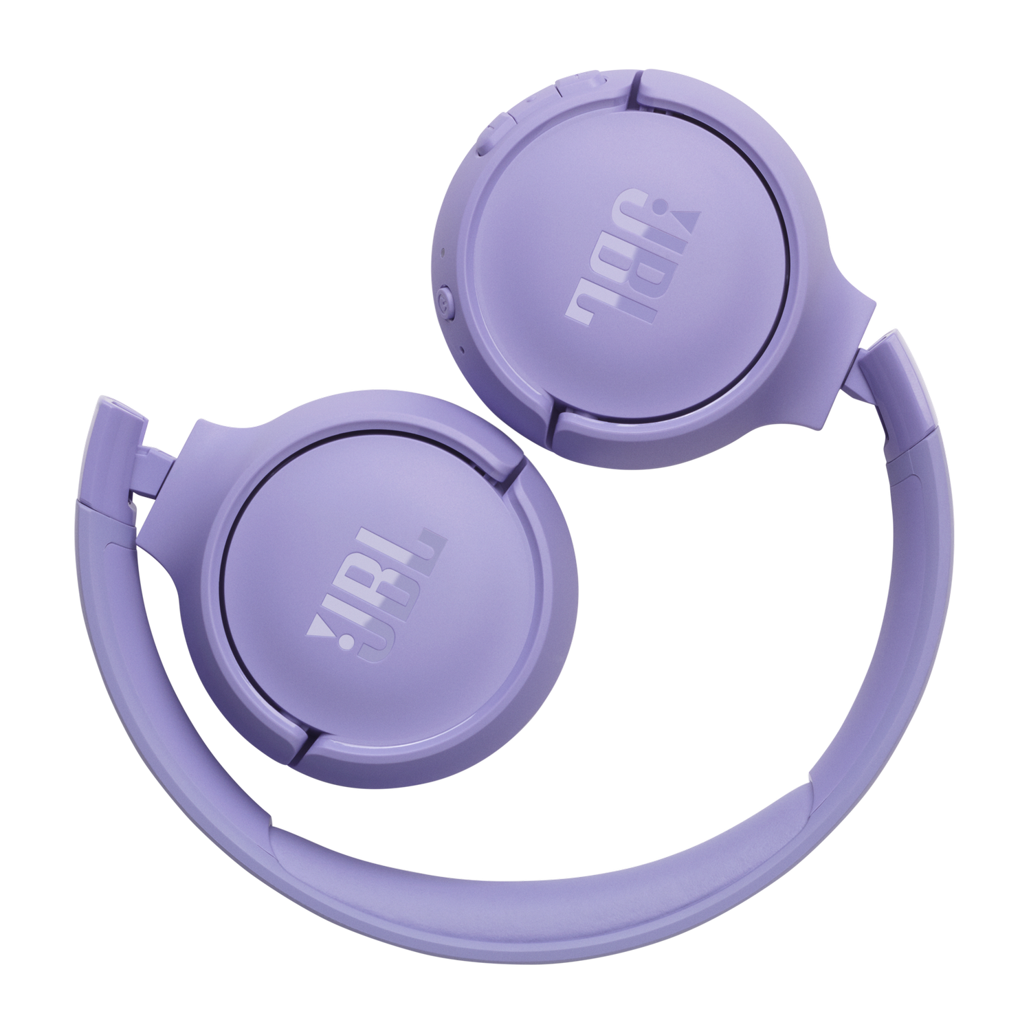 Purple JBL headphones, folded. Earcups are visible, and the headband is curved. Dark background.