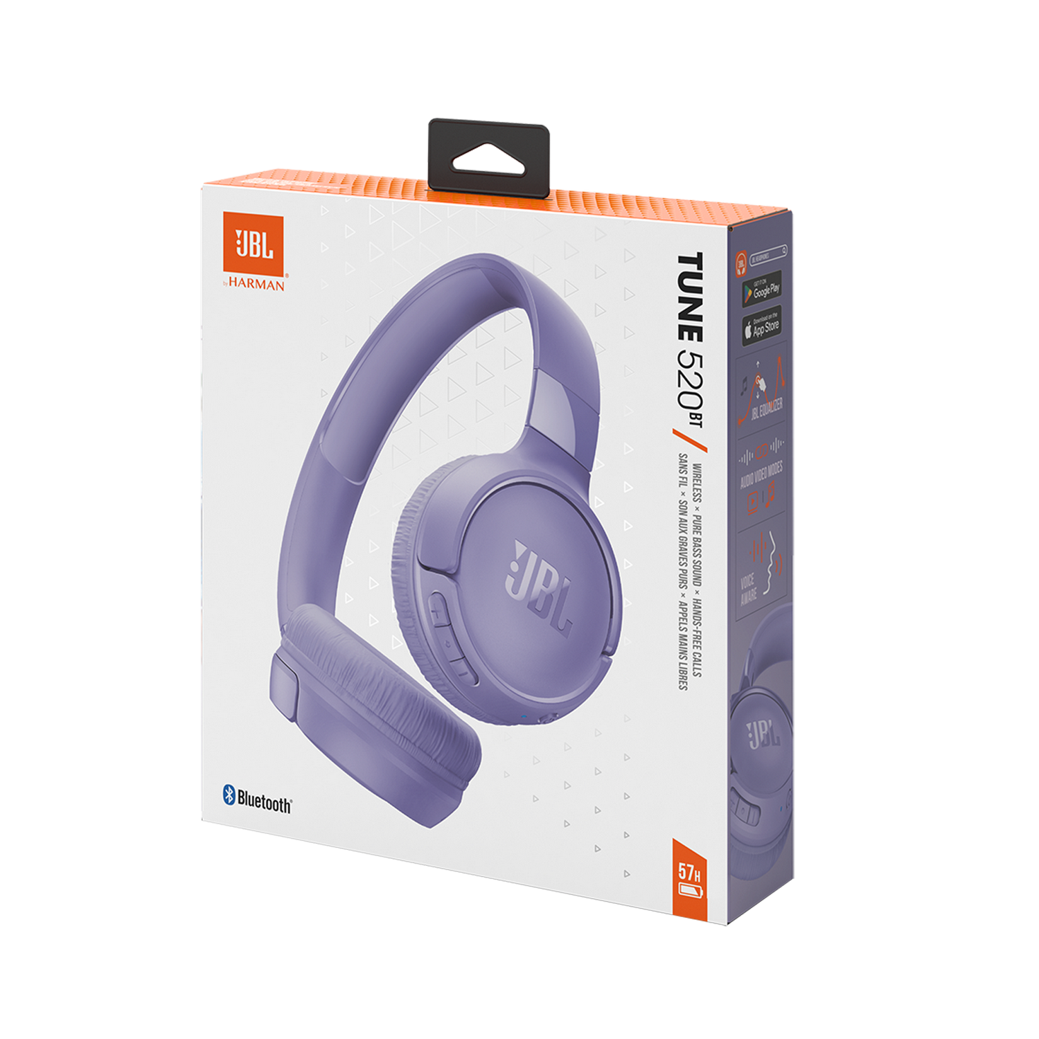 Headphone box with purple headphones. The box has the JBL logo and various text.