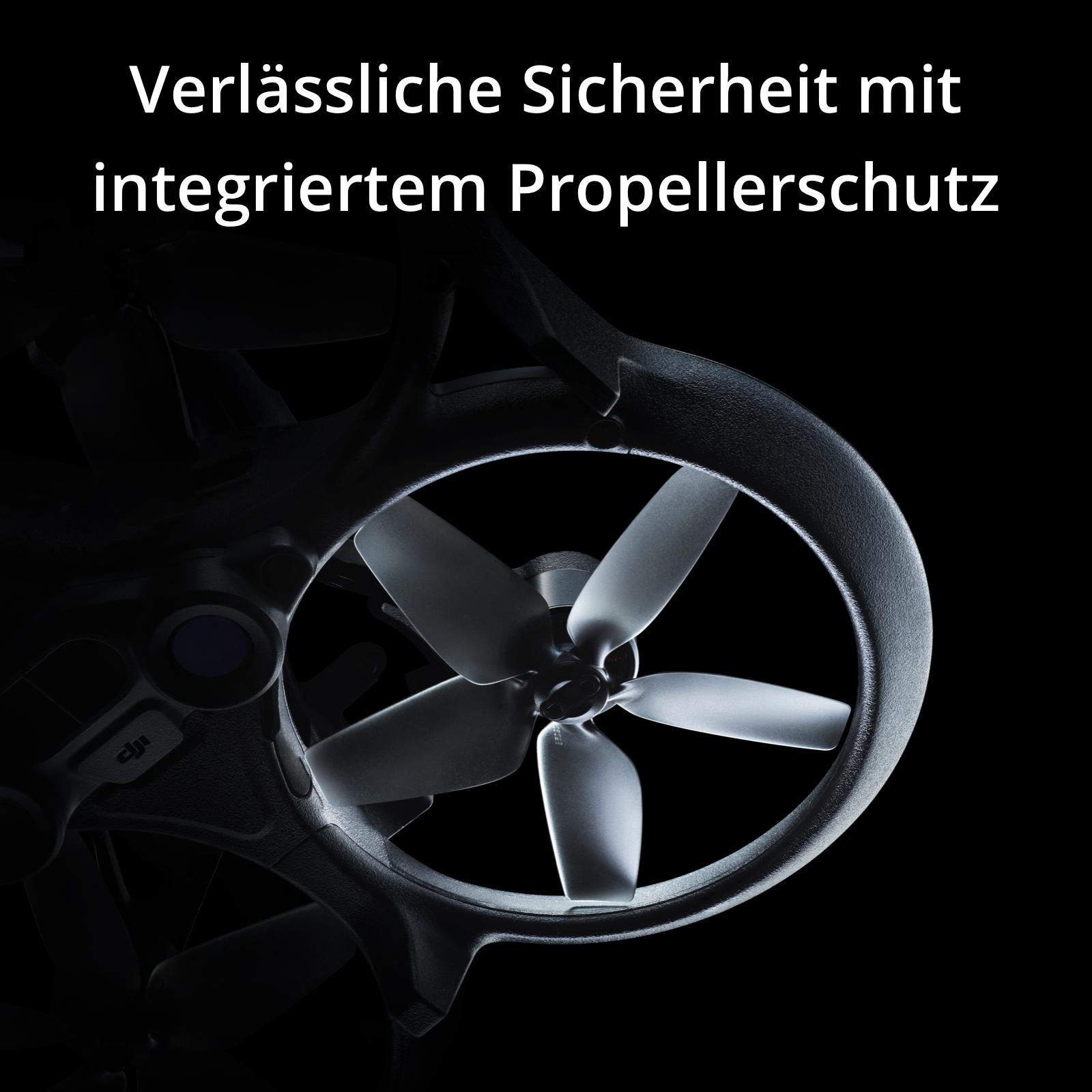Ein Drohnenpropeller mit Schutzring, vor schwarzem Hintergrund, mit Text.