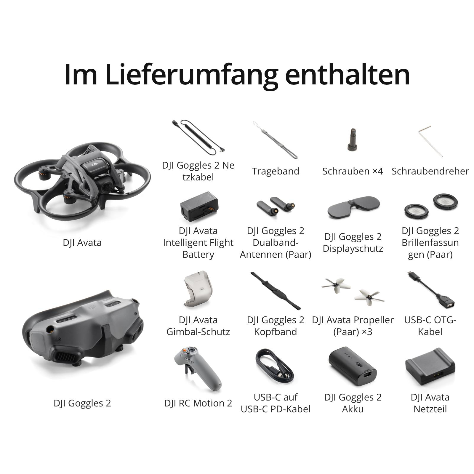 Das Bild zeigt Drohnenkomponenten, darunter eine Brille, Batterien und eine Fernbedienung. Der Text oben sagt, was enthalten ist.