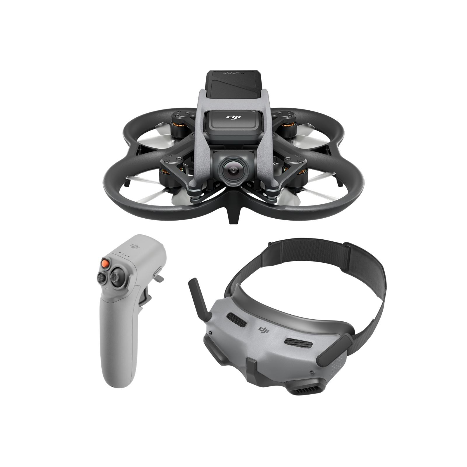 DJI Avata Drohne, Controller und Brille, auf weißem Hintergrund.
