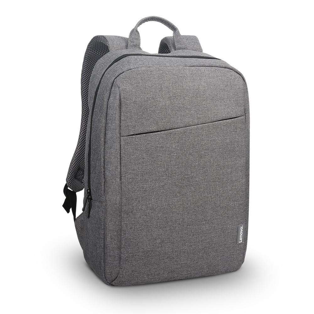 Una mochila Lenovo gris sobre un fondo blanco. La mochila tiene un bolsillo frontal y correas para los hombros.