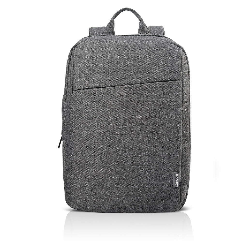 Mochila Lenovo gris, vista frontal, con bolsillo pequeño y logo Lenovo.