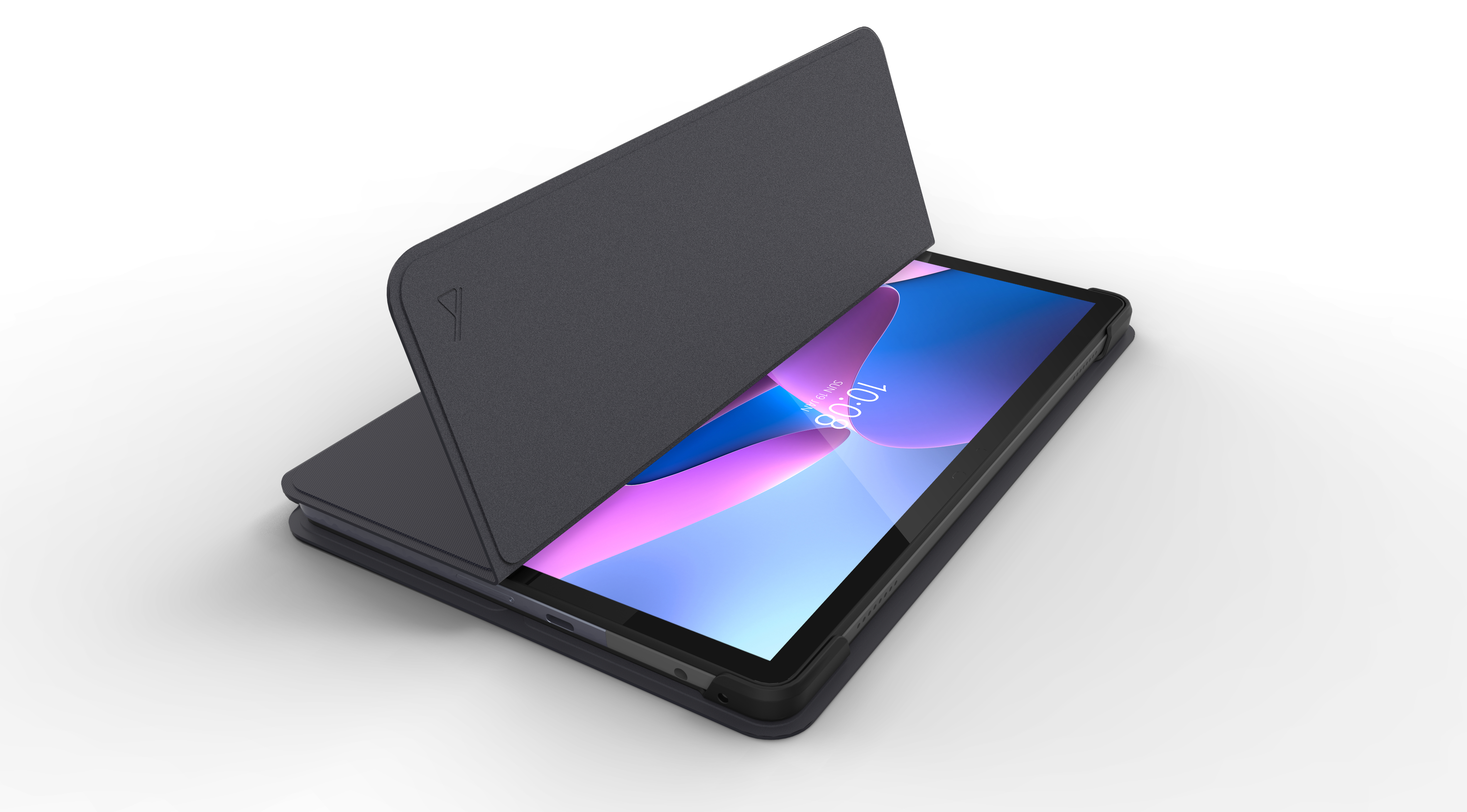 Una tableta está en una funda. La pantalla muestra una imagen y la funda está abierta.