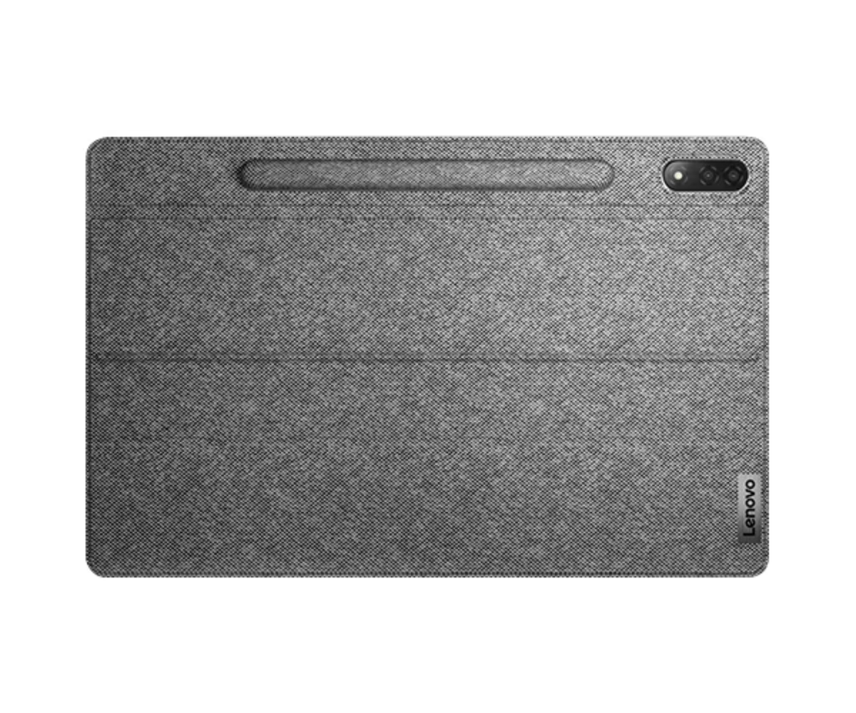 Tableta gris con funda de teclado. El logotipo de Lenovo es visible. La cámara está en la parte superior.