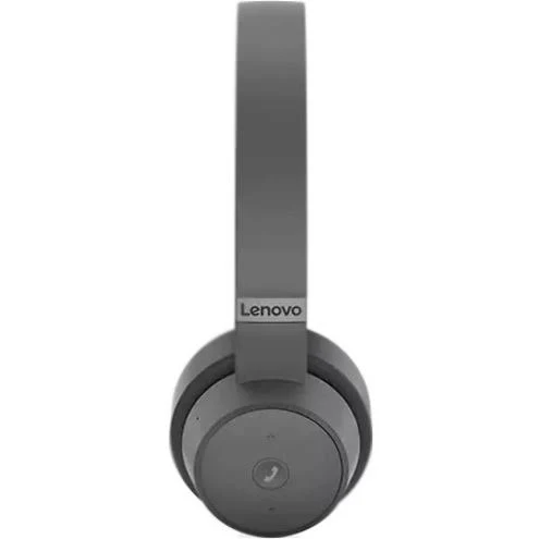 Un auricular Lenovo gris, vista lateral.