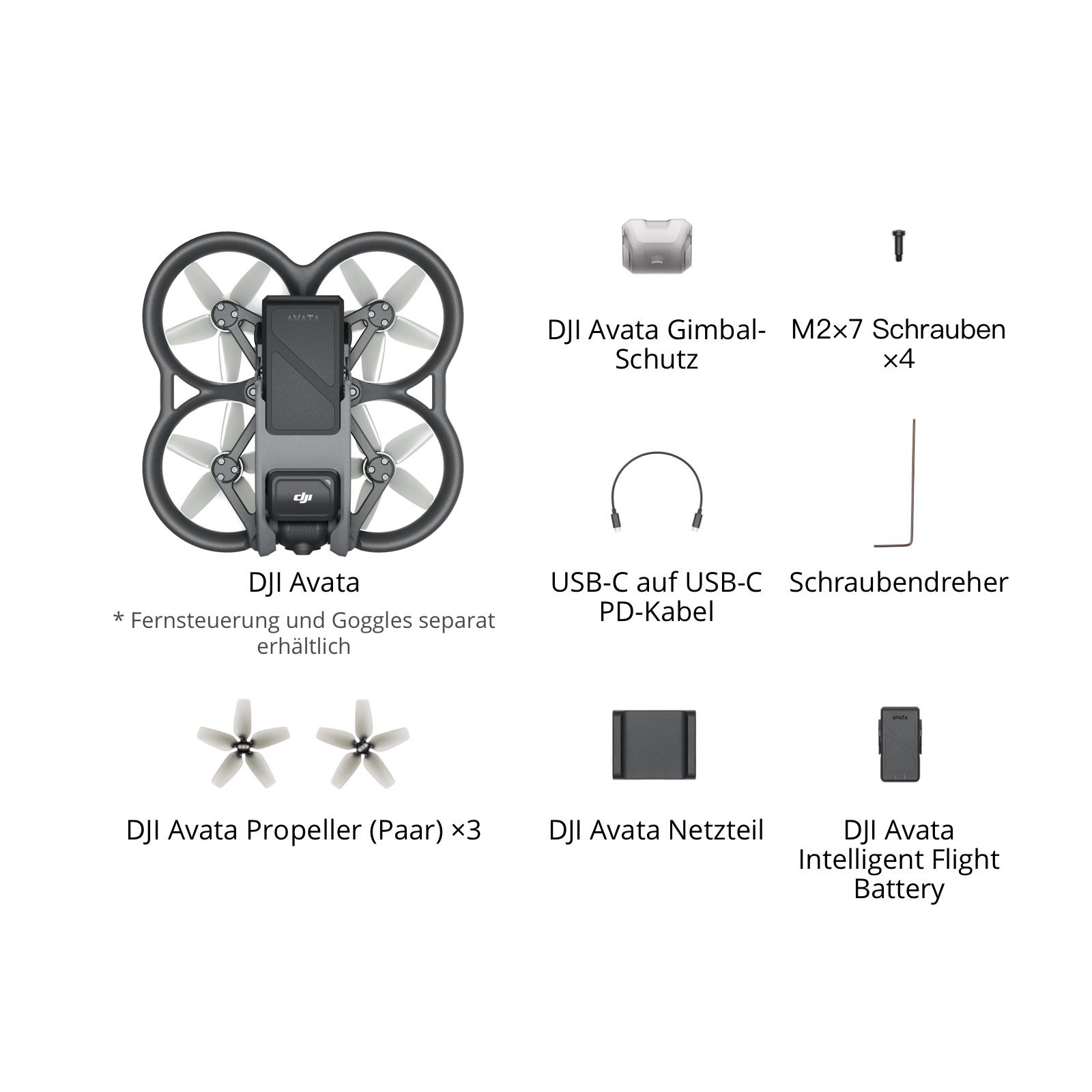 DJI Avata Drohne, Propeller, Akku, Ladegerät und Zubehör auf weißer Oberfläche.
