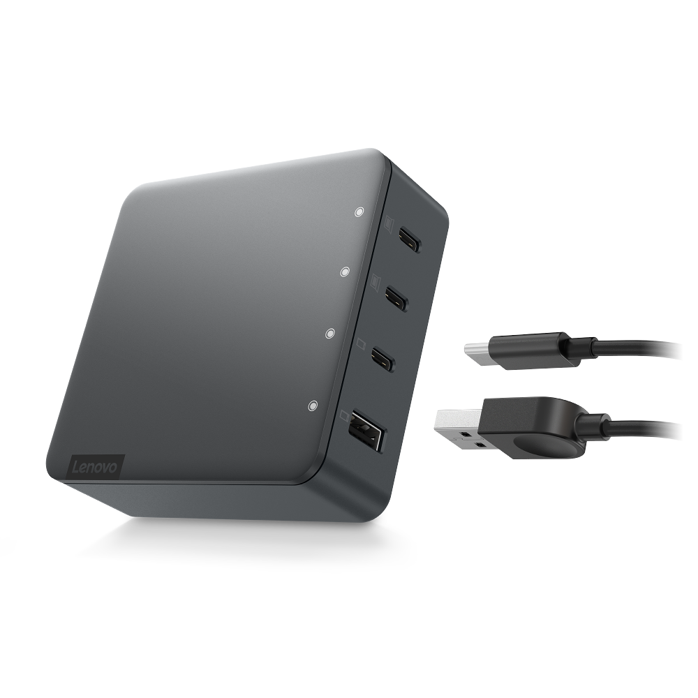 Un adaptador de corriente Lenovo gris con puertos USB-C y USB, con cables.