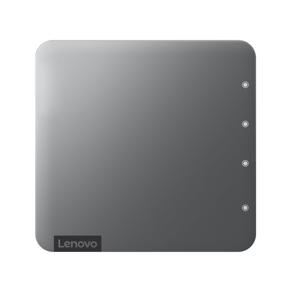Panel gris cuadrado con logo Lenovo. 4 puntos pequeños a la derecha.