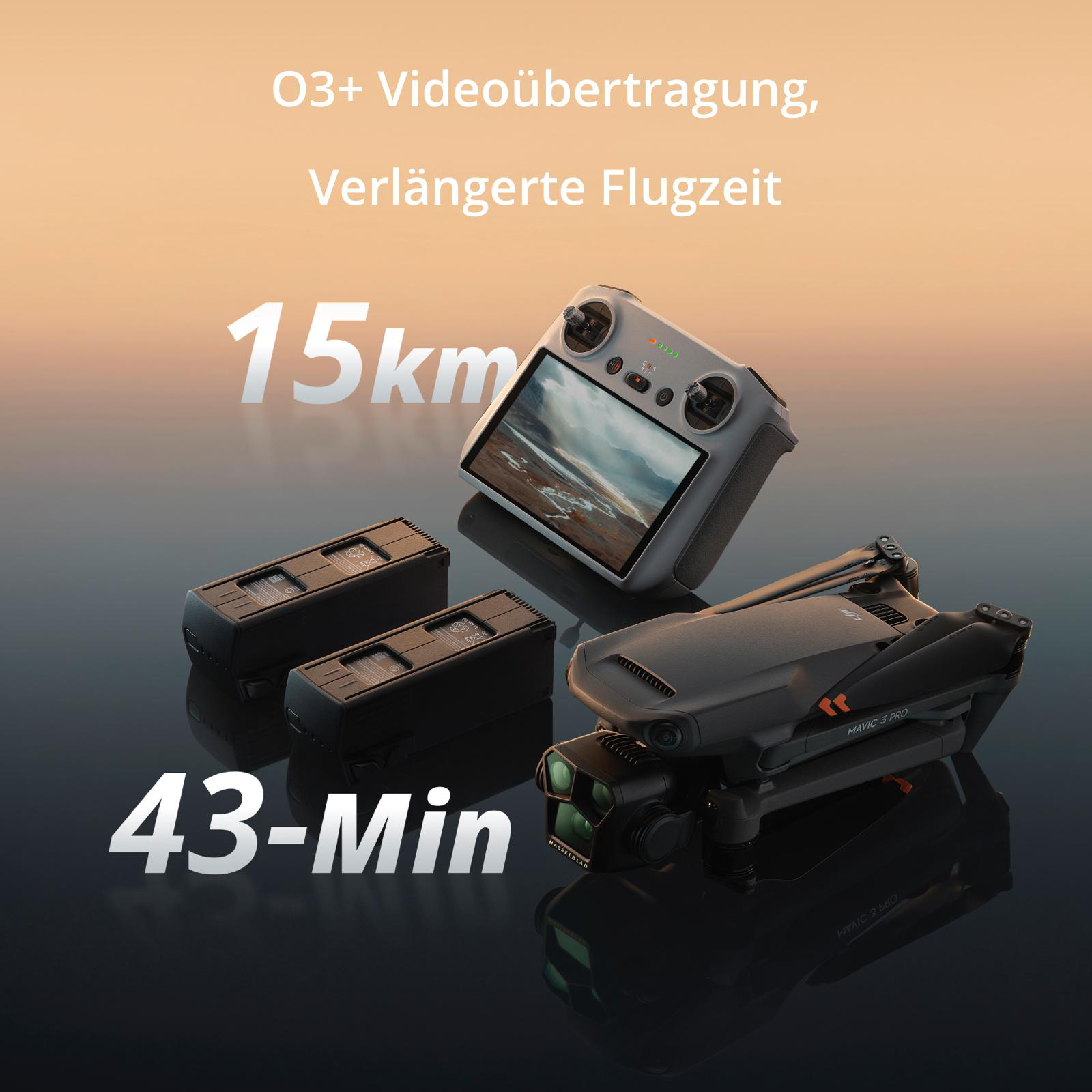 Drohne mit Fernbedienung, Batterien und Text, der Entfernung und Flugzeit angibt.