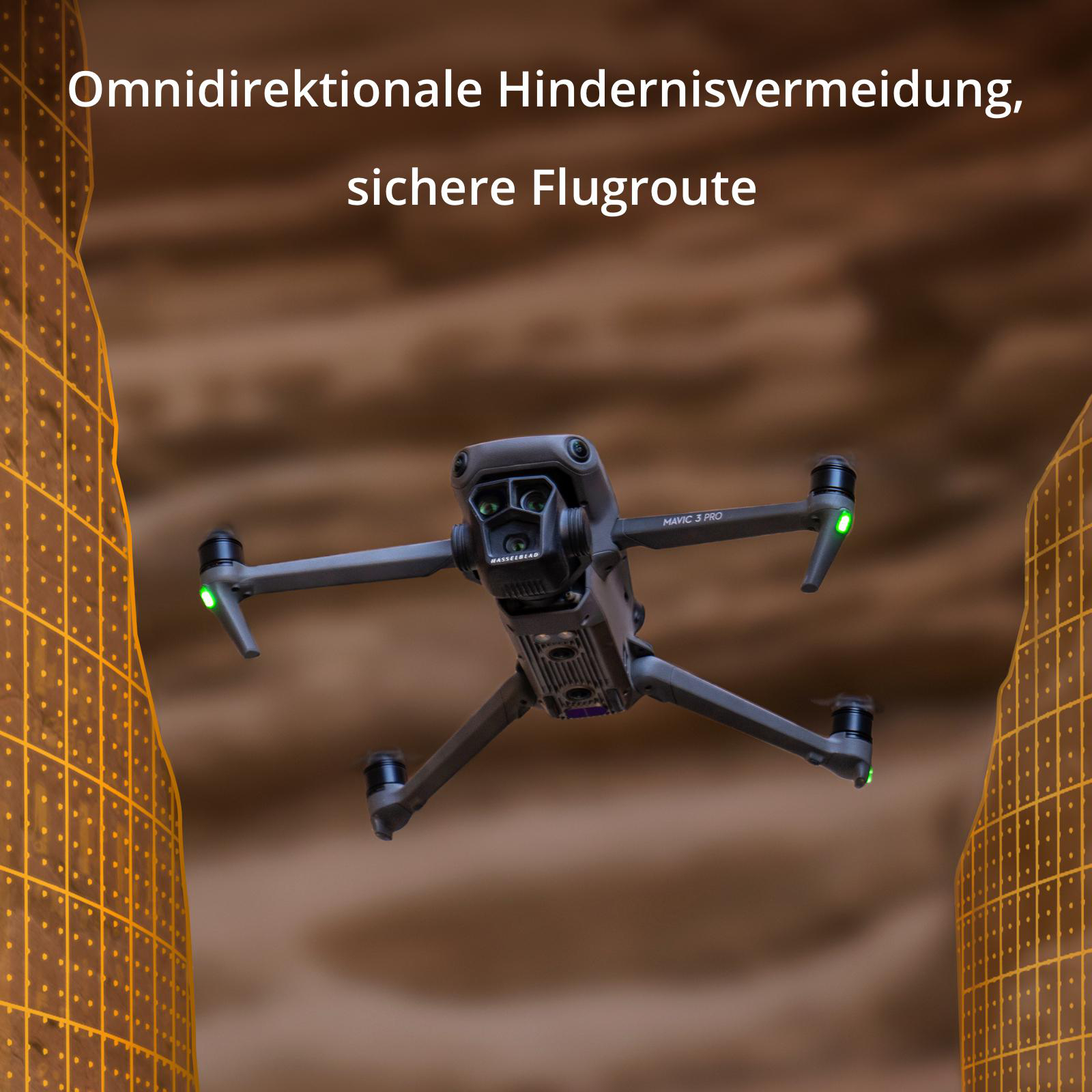 Eine Drohne im Flug. Text: „Omnidirektionale Hindernisvermeidung, sichere Flugroute“.