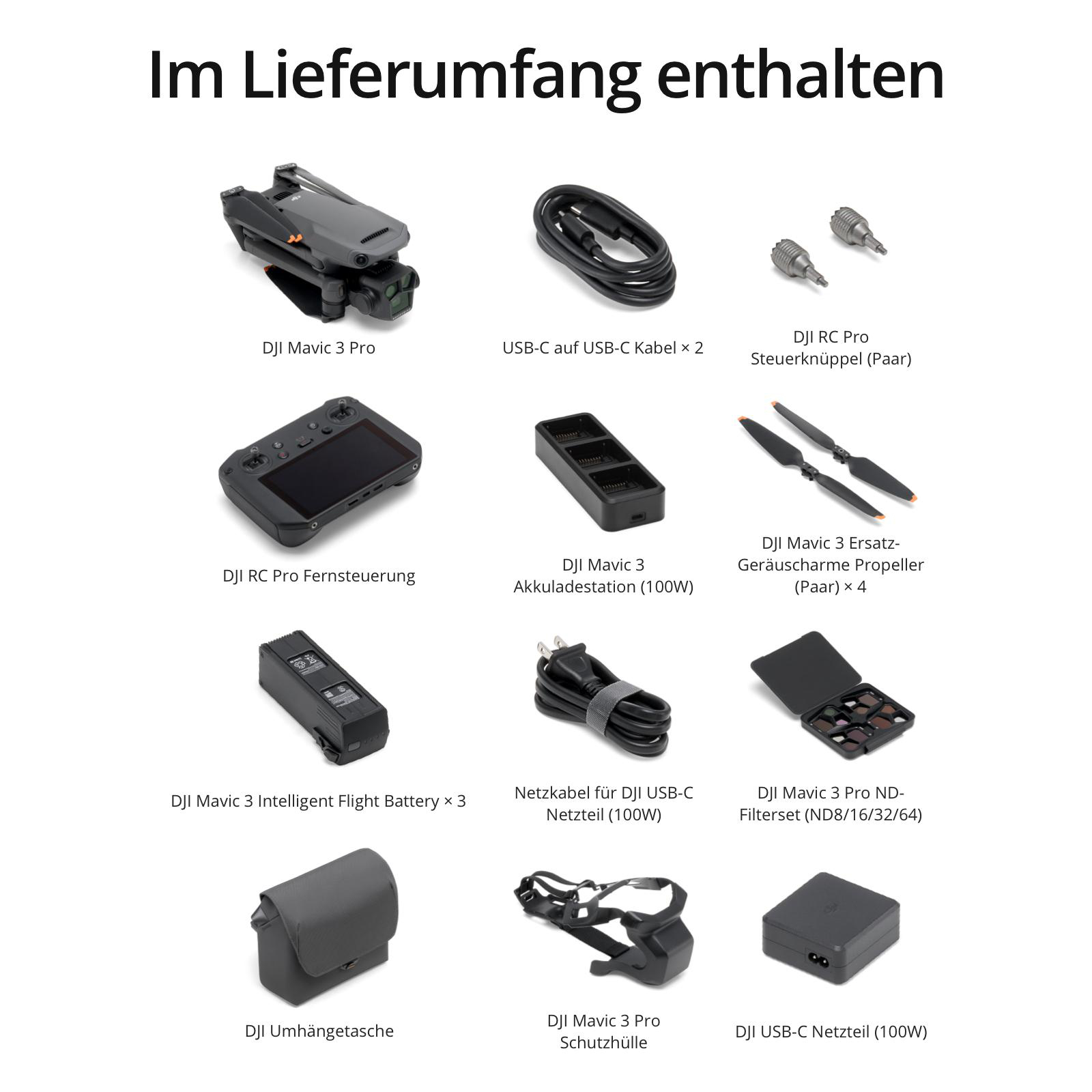 Eine Sammlung von DJI Mavic 3 Pro Drohnenzubehör, einschließlich Drohne, Ladegerät und Batterien.
