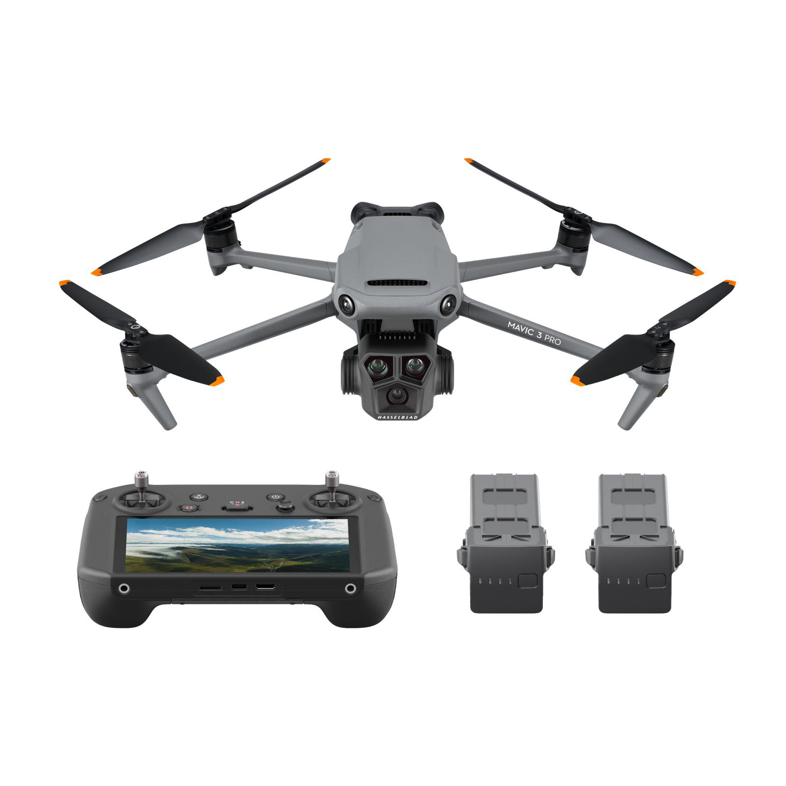 Graue Drohne mit Fernbedienung, Akkus und Mavic 3 Pro-Etikett.