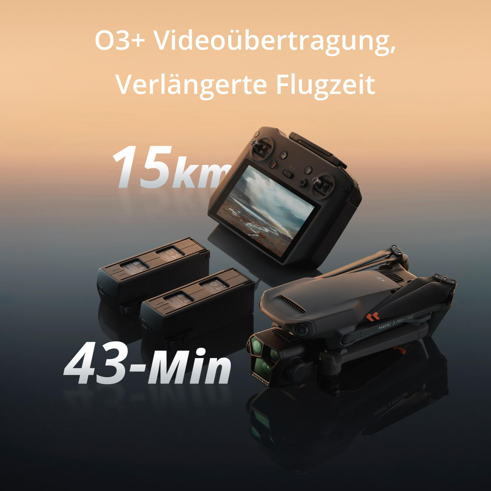 Drohne mit Fernbedienung, zwei Akkus und den Worten O3+ Videoübertragung, Verlängerte Flugzeit, 15km, 43-Min.