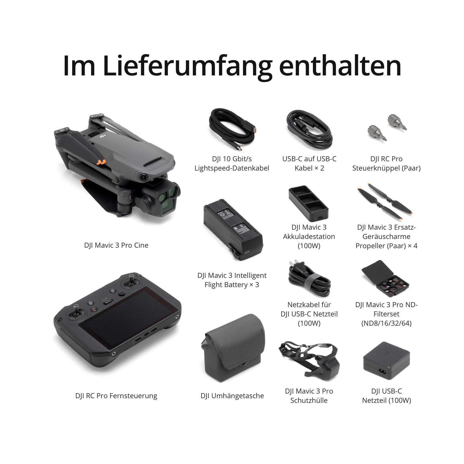 Eine Reihe von DJI Drohnenkomponenten, einschließlich Drohne, Controller und Zubehör.