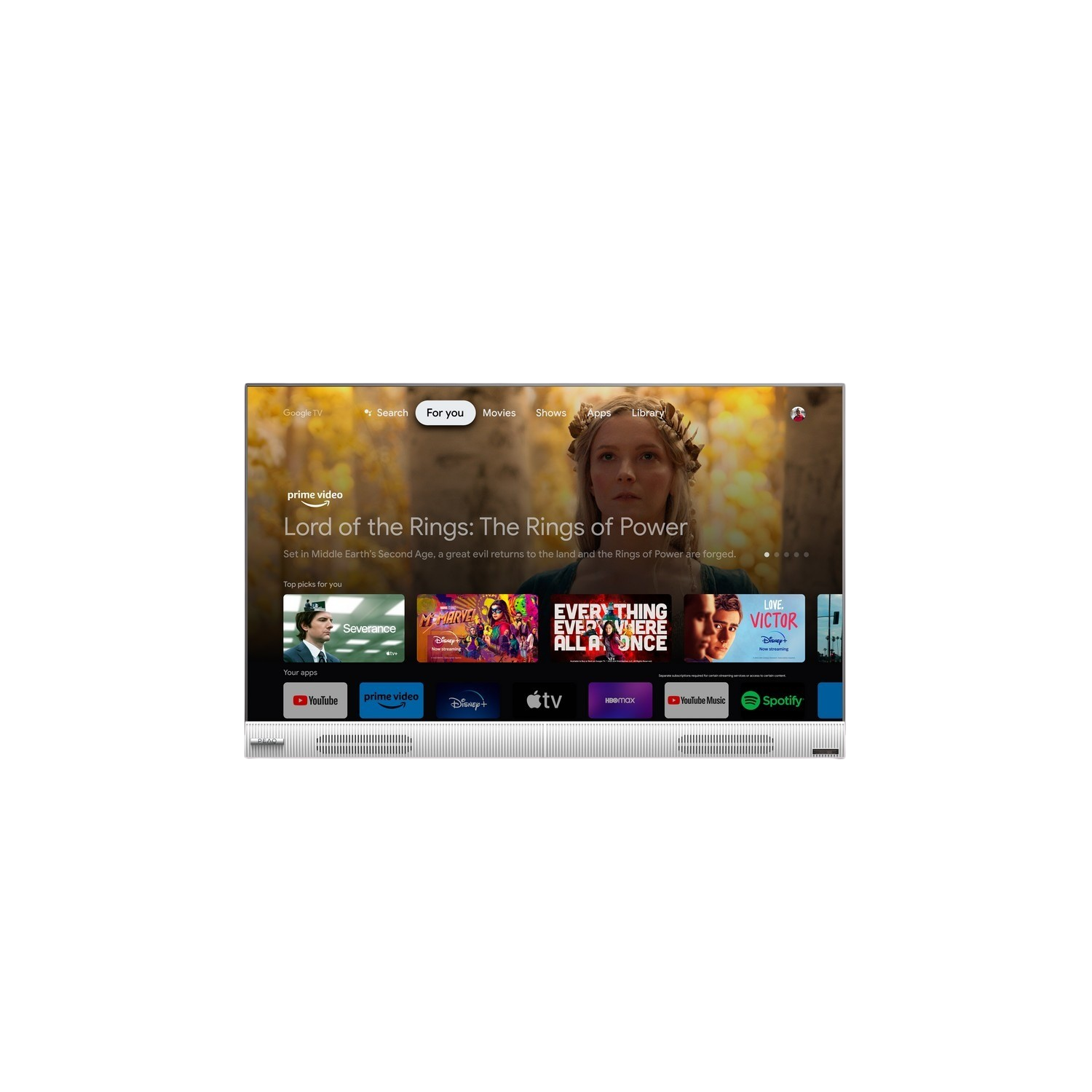 Écran de télévision affichant un service de streaming avec des recommandations de films et séries.
