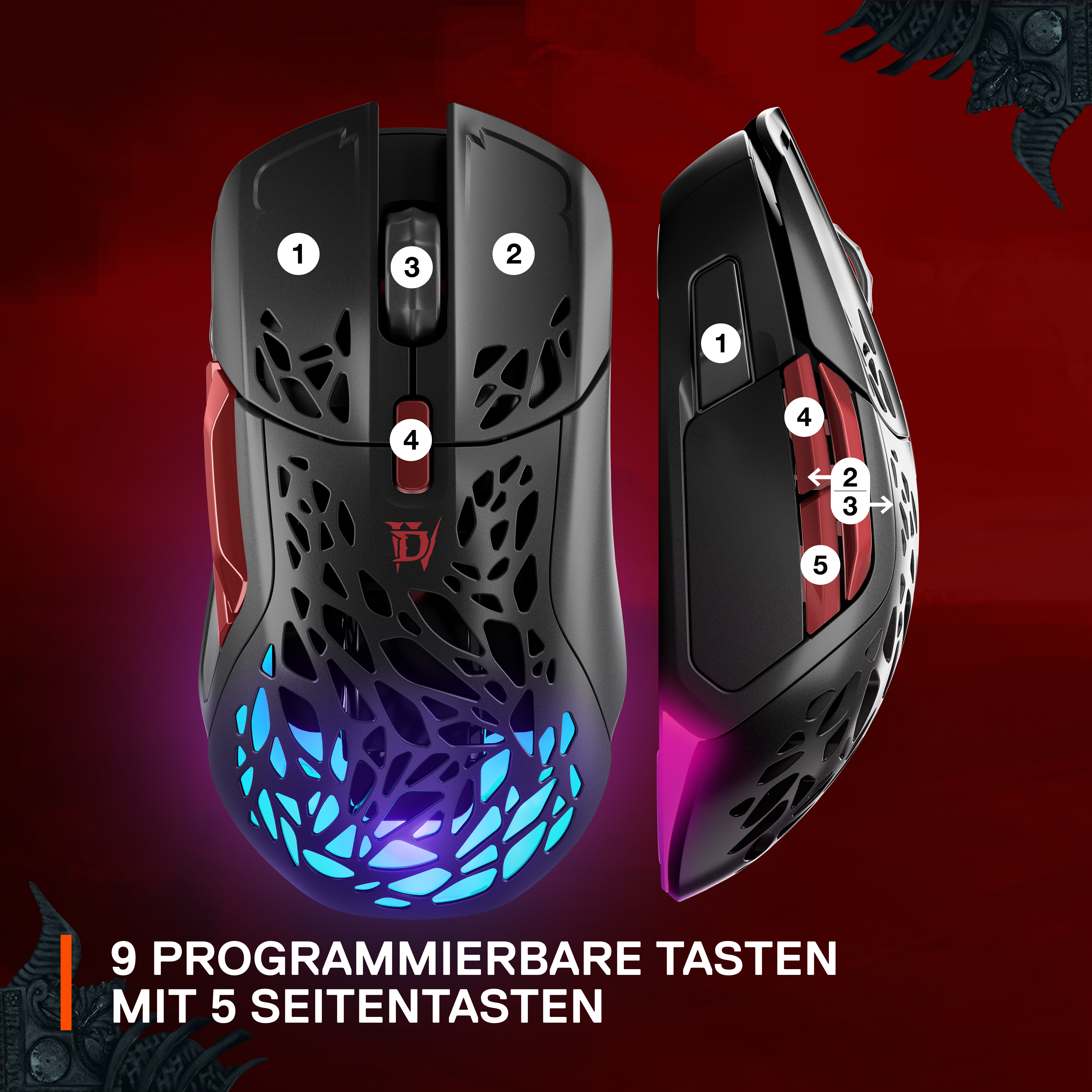 STEELSERIES Aerox 5 Wireless DIABLO IV Edition Gaming Maus, Schwarz/Rot