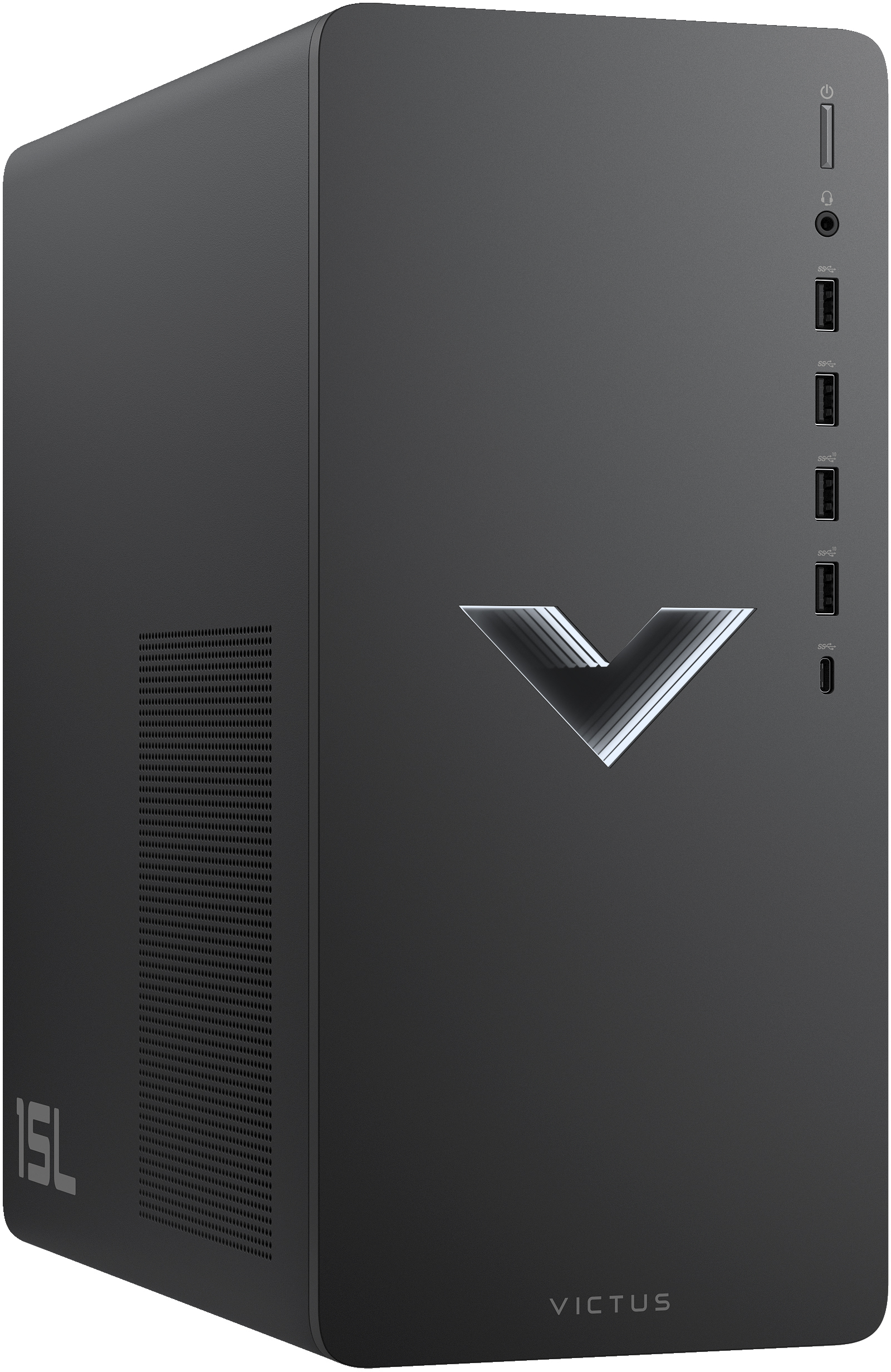 Schwarzer Victus-Desktop-Computer mit silbernem V-Logo.