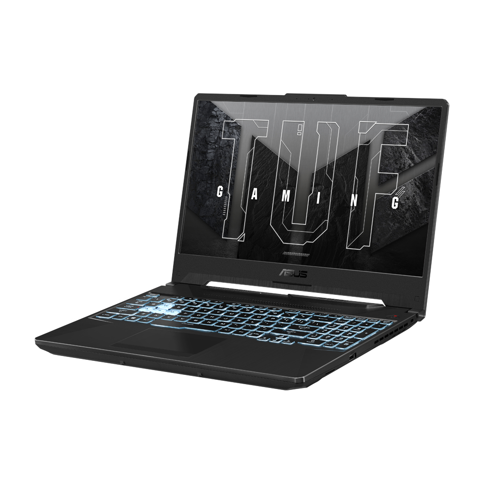 Schwarzer ASUS TUF Laptop, beleuchtete Tastatur, geöffnet, mit dem Wort TUF oben.
