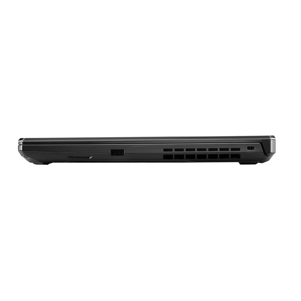 Seitenansicht eines schwarzen Laptops mit sichtbaren Anschlüssen. Der Laptop befindet sich auf weißem Hintergrund.